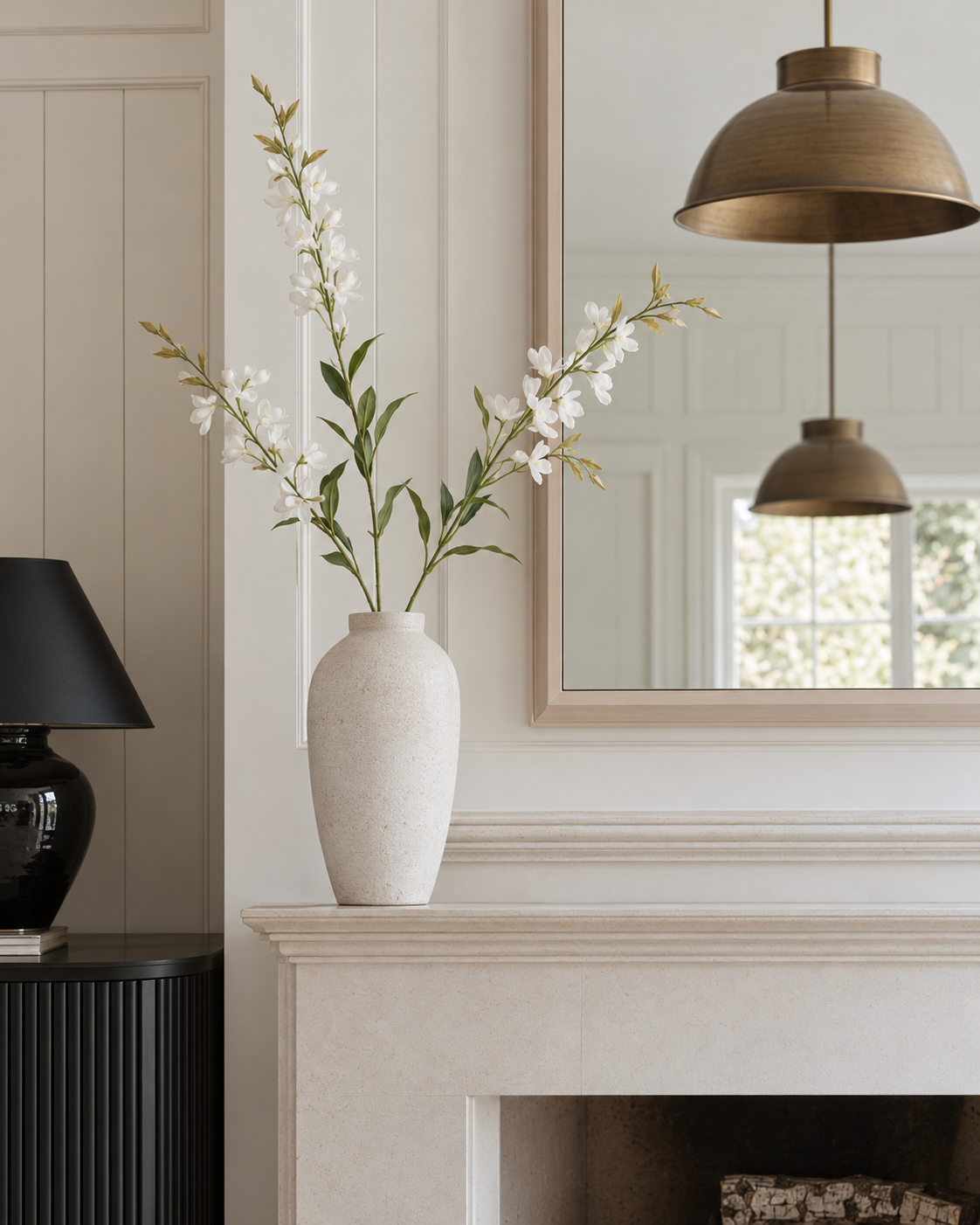 White wild indigo faux stems in a tall stone vase on a limestone mantel