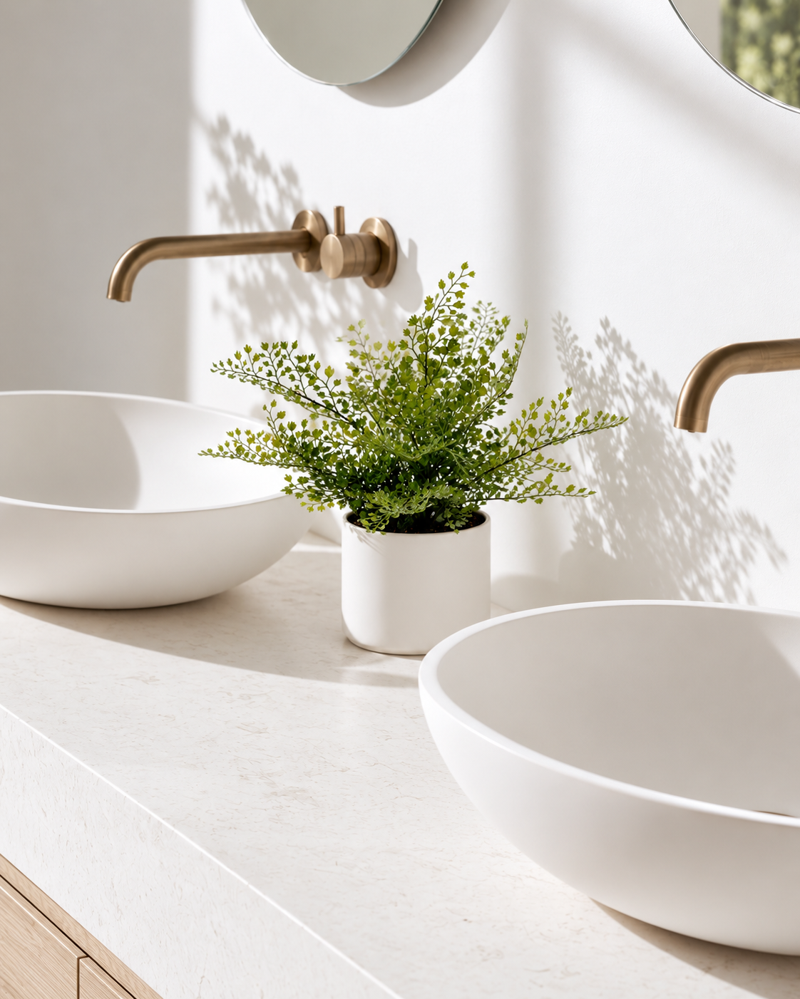 Potted faux maidenhair fern between two white basins on a stone bathroom vanity