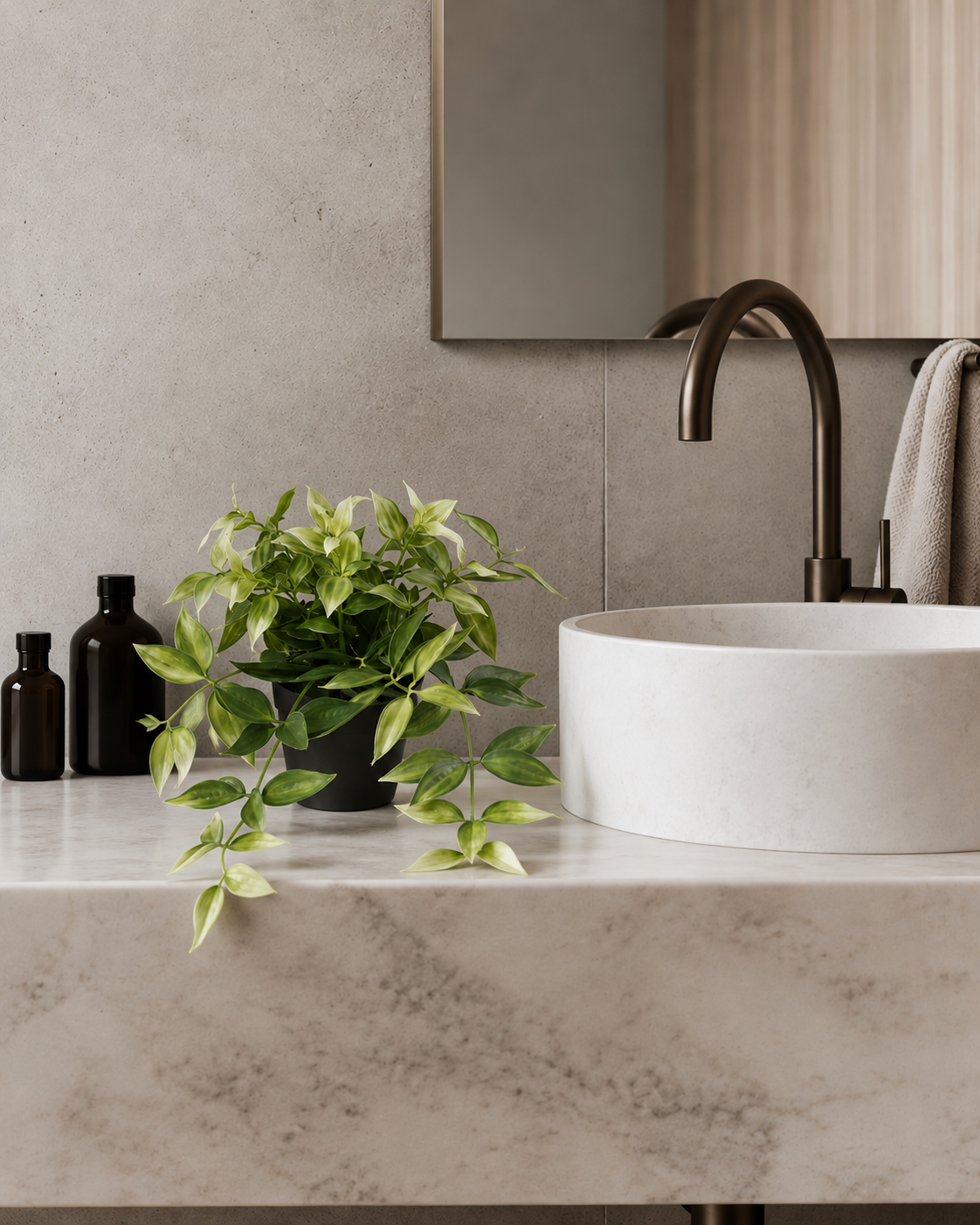 Potted faux wandering dew trailing over a marble bathroom vanity beside amber bottles