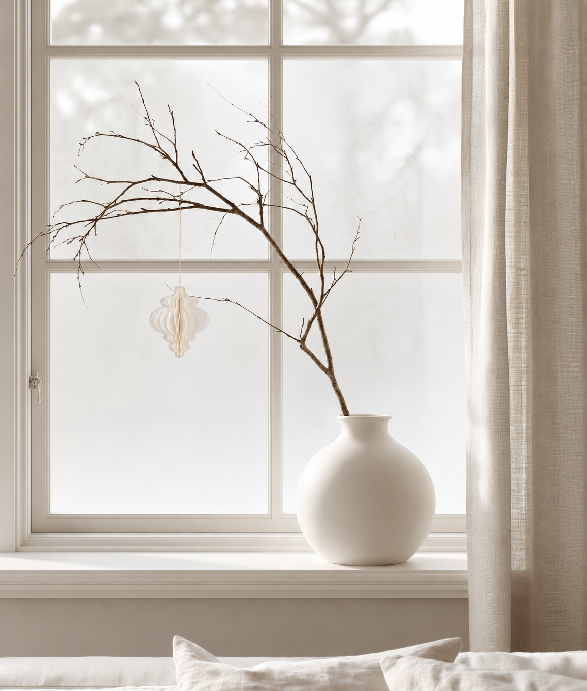 Off white honeycomb paper finial hanging from a bare branch in a round white vase on a window sill