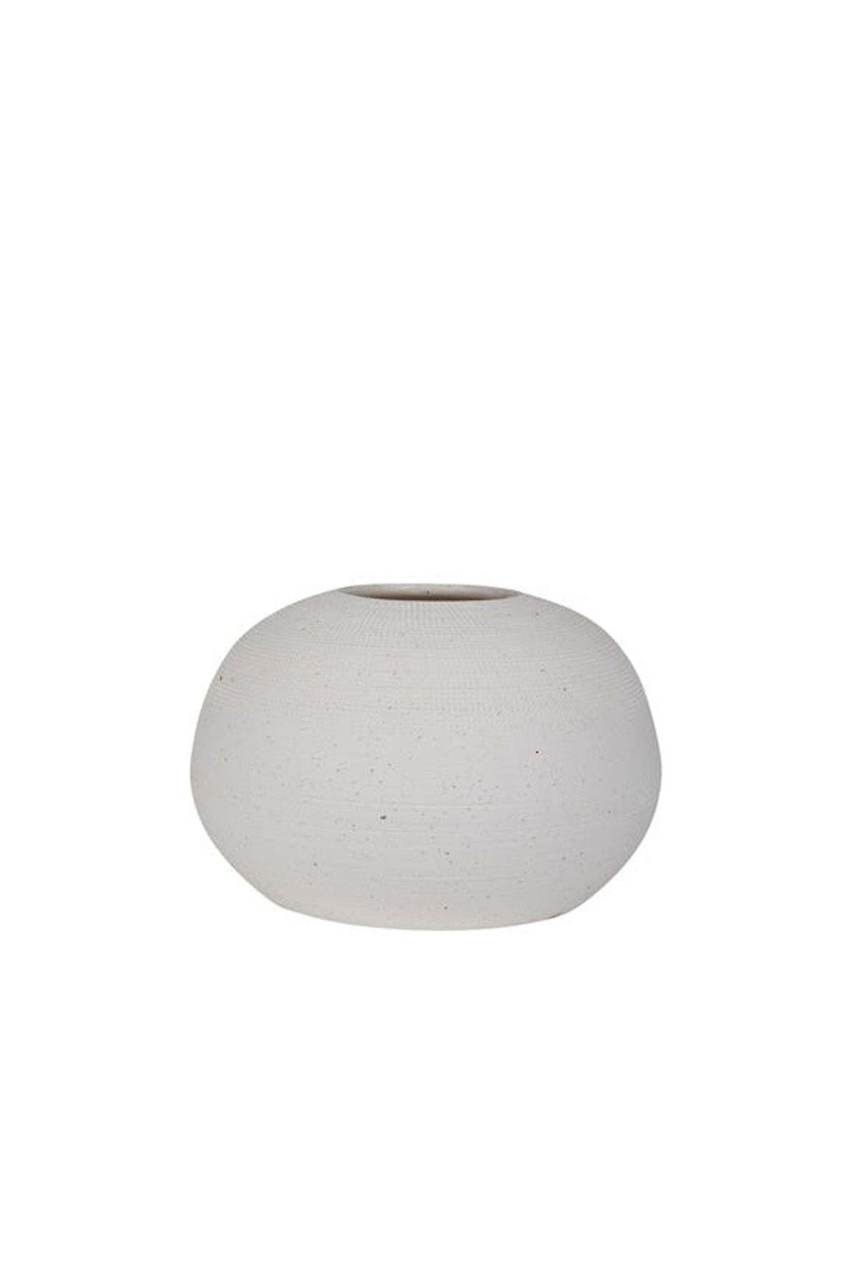 Orbit Flat Bellied Pot, small, low soft white rounded vessel with dimpled surface