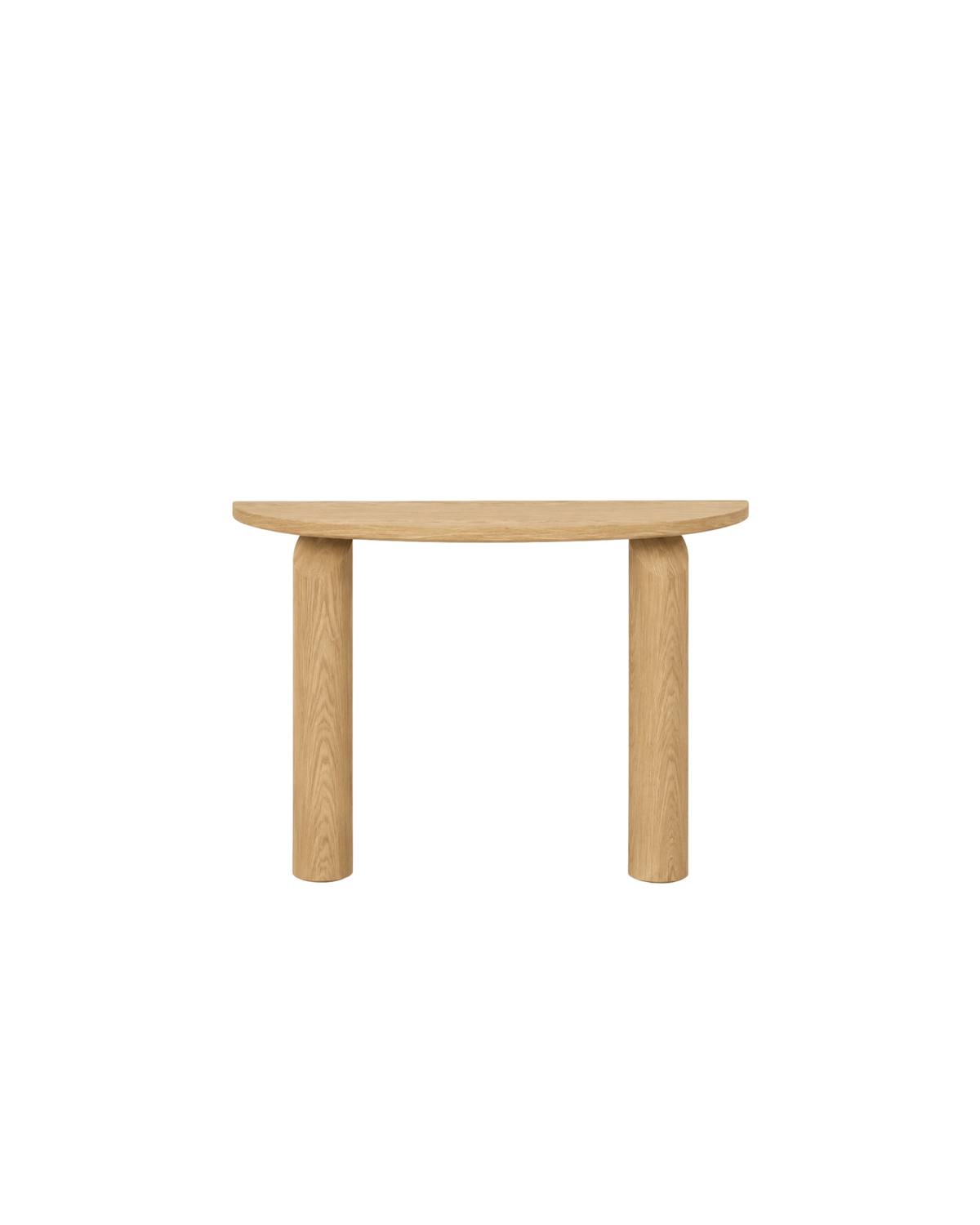 Otley Console Table in Natural Ash, half-moon top on two round legs