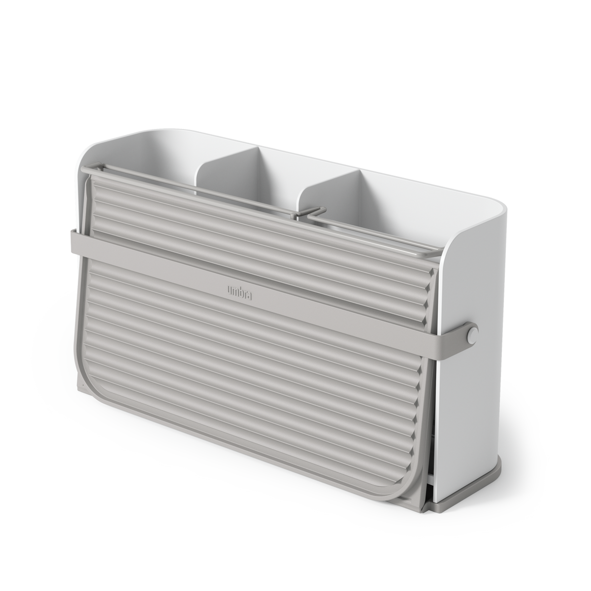 Umbra Sling dish rack folded upright into its compact caddy shape
