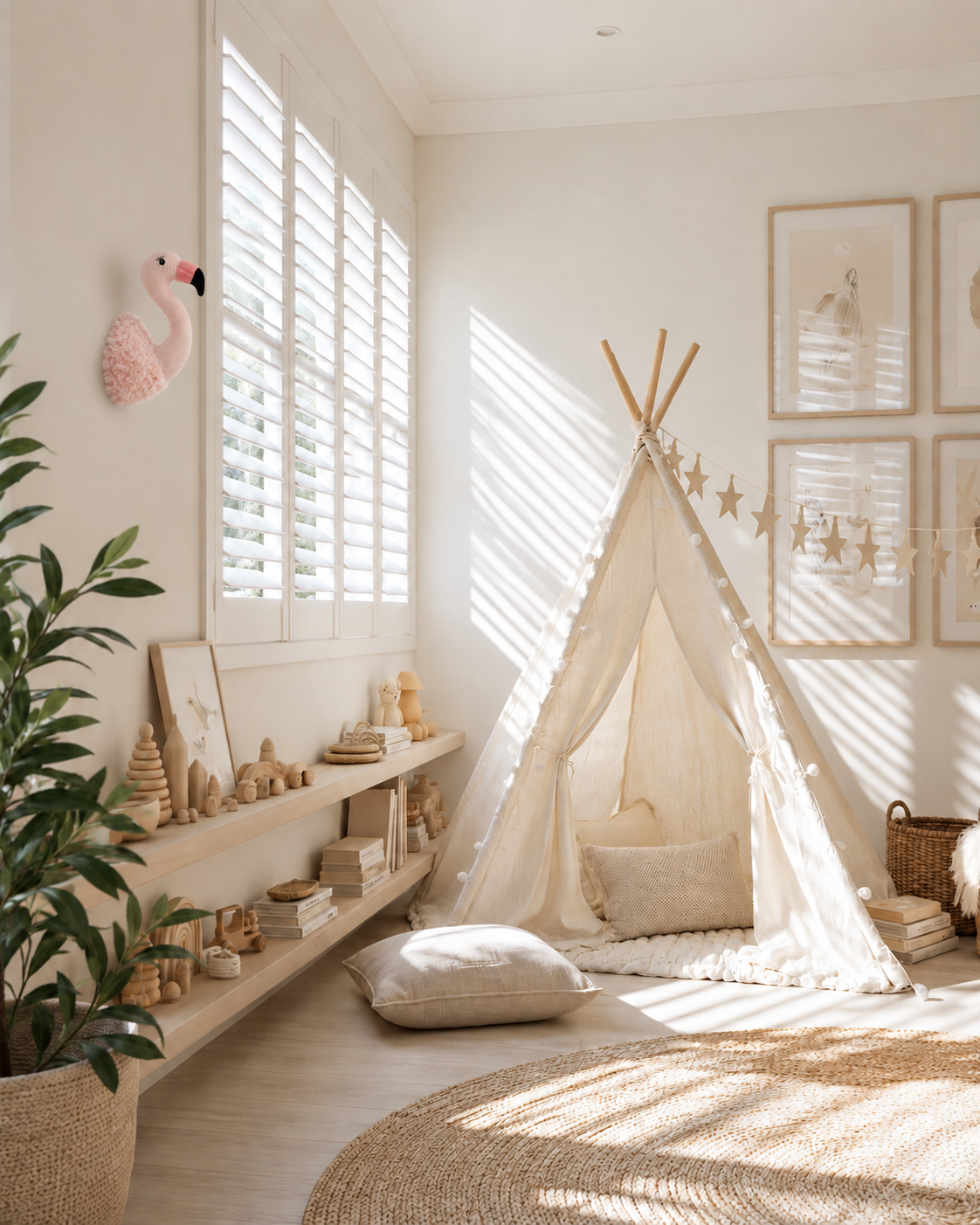 Flossie Flamingo plush head mounted on a playroom side wall near a canvas teepee