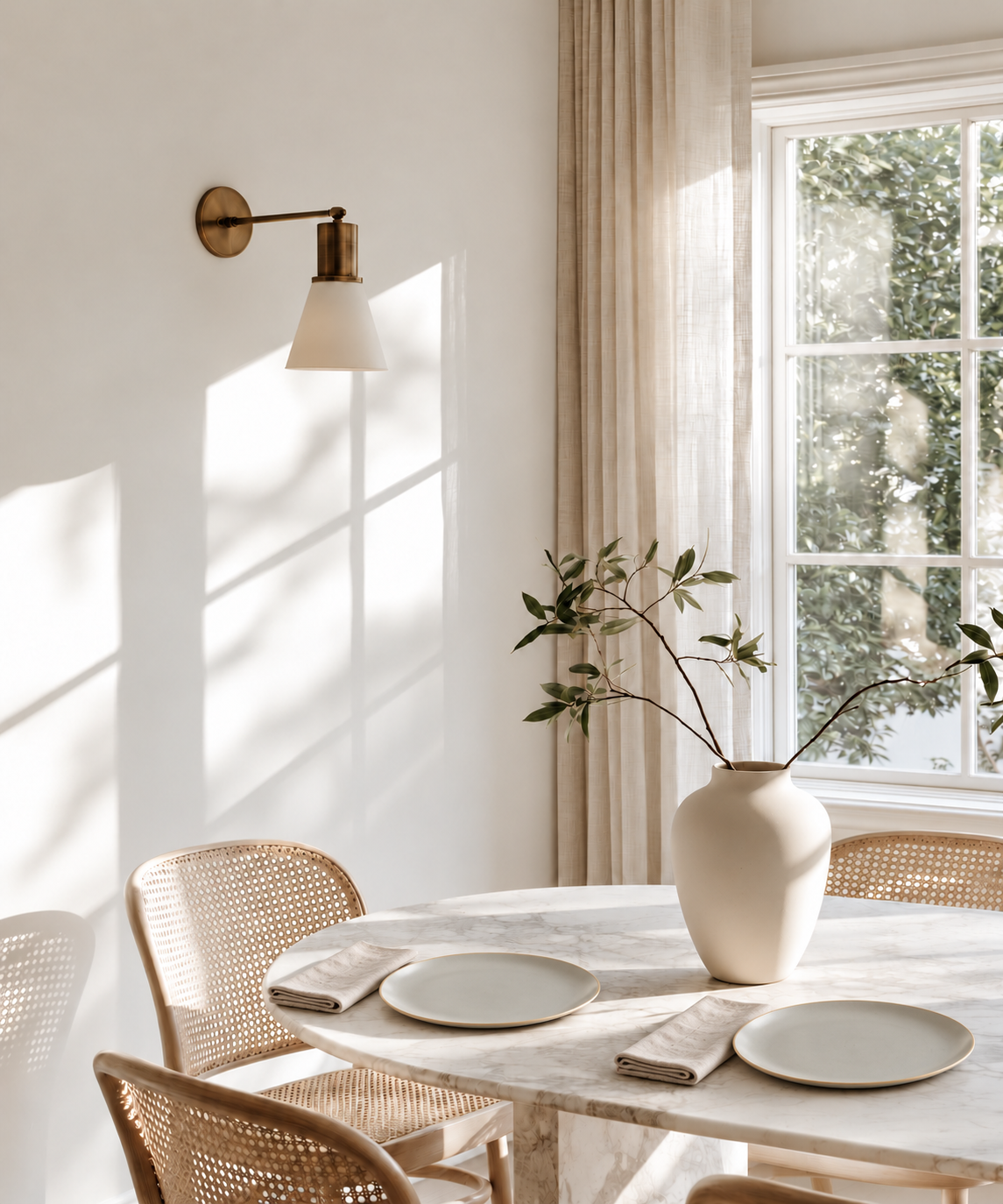 Pacifica Pebble Beach Grey dinner plates by Rosanna set for two on a marble dining table with linen napkins