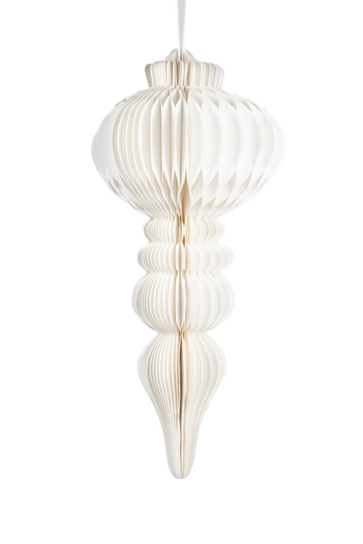 Large off white honeycomb paper hanging decoration with a bell-shaped body, 80cm tall