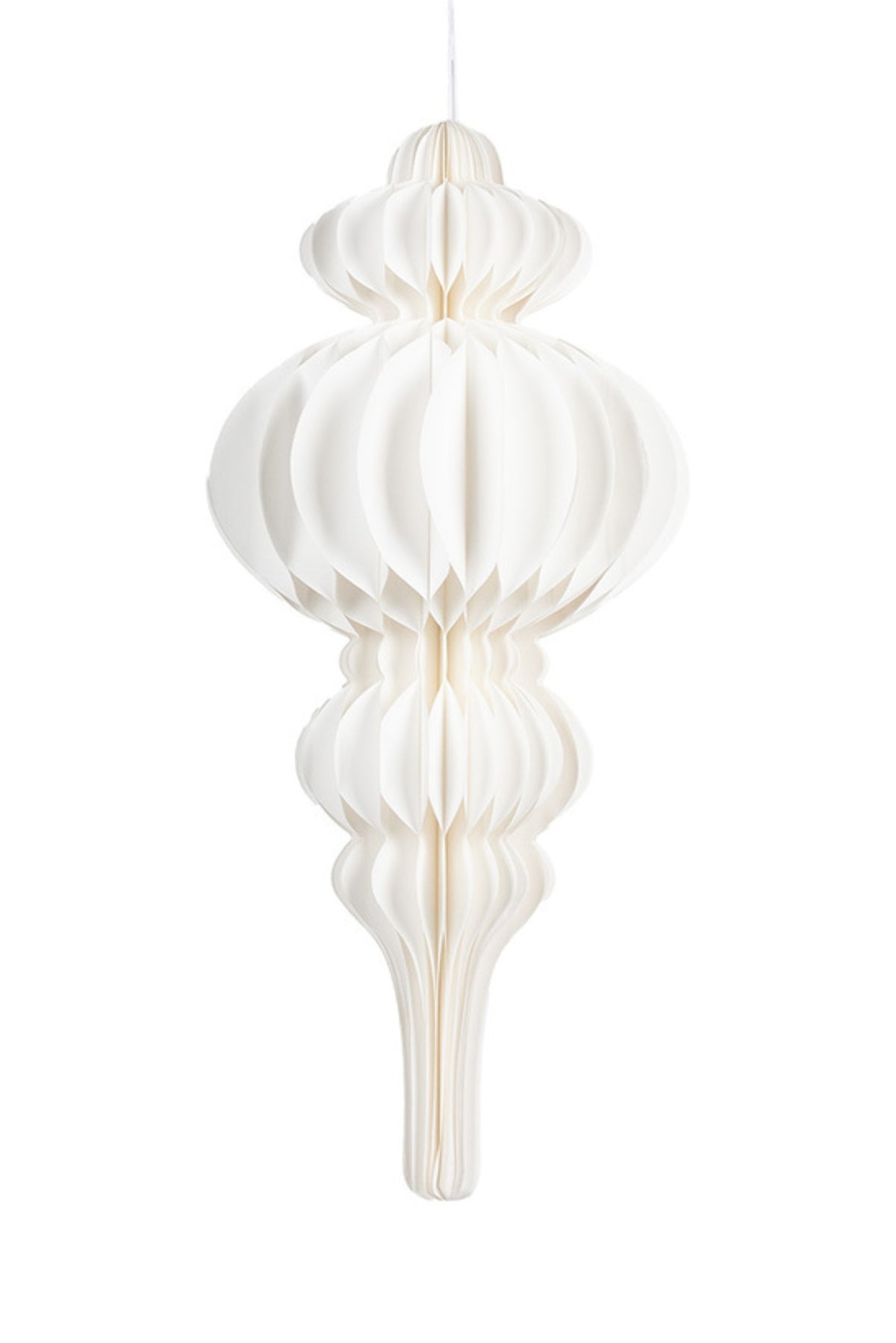 Large off white honeycomb paper hanging decoration shaped like a bell tower, 80cm tall