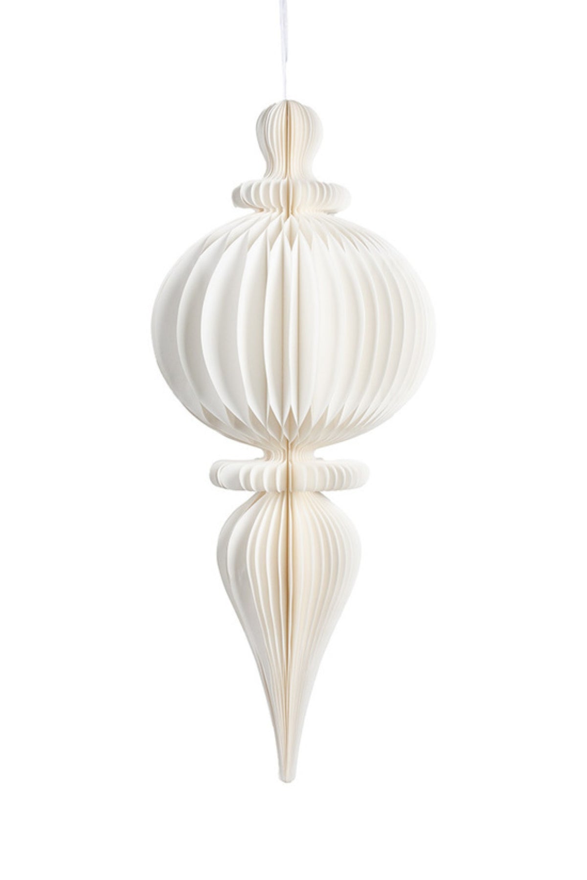 Large off white honeycomb paper hanging decoration with a cupola shape, 80cm tall
