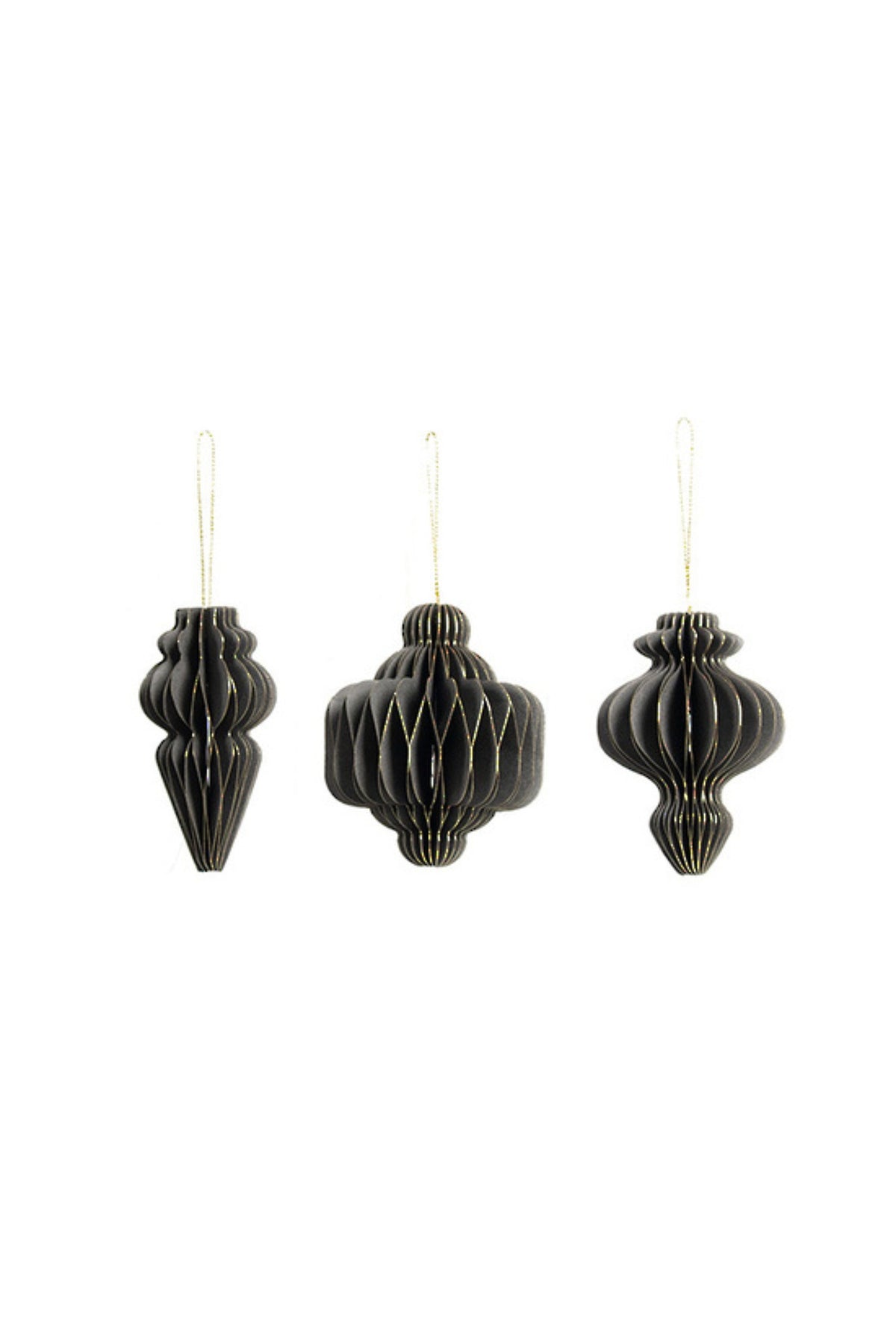 Set of three honeycomb paper finial Christmas decorations in different shapes, grey, small