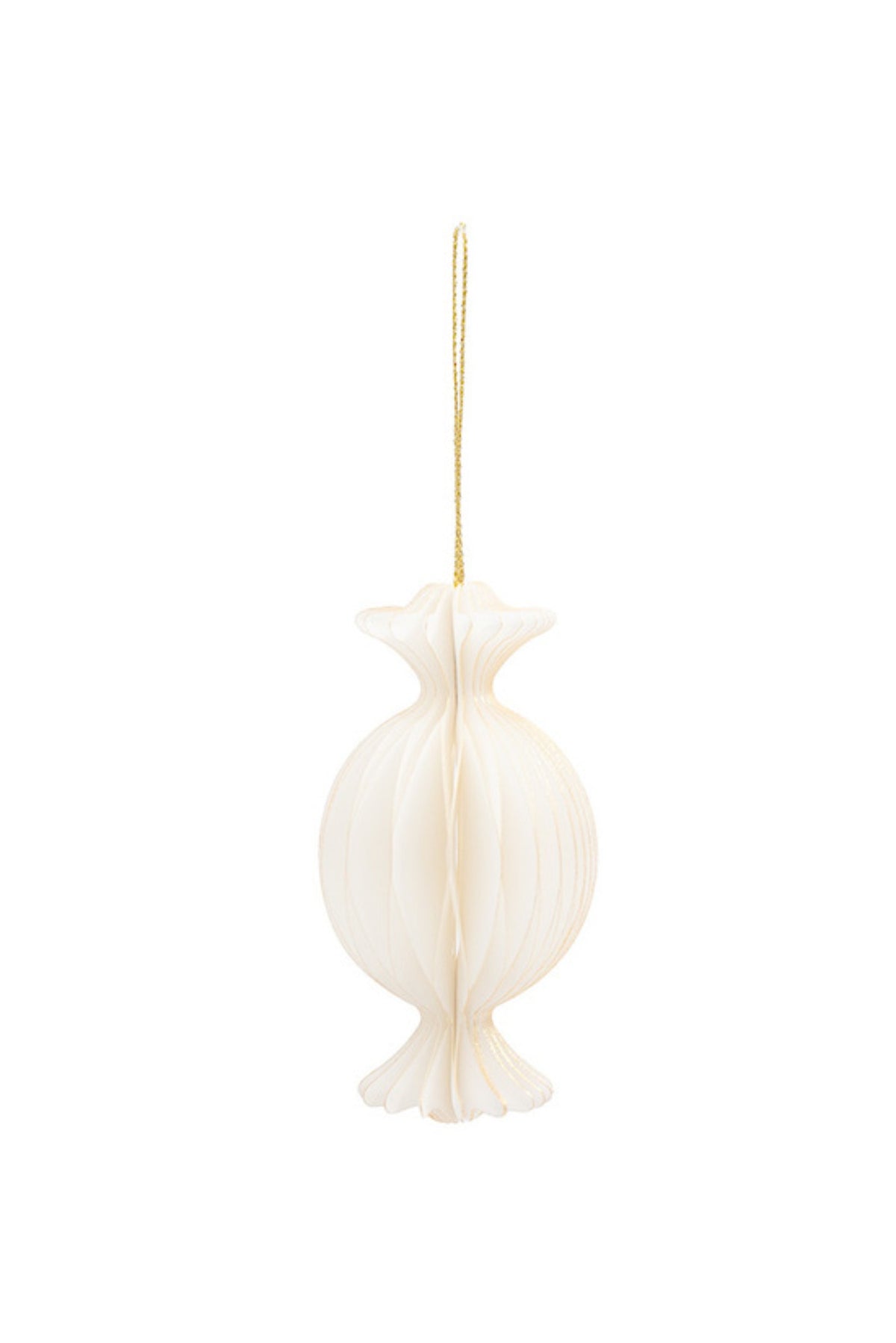 Honeycomb paper lolly-shaped Christmas decoration with ruffled ends, off white