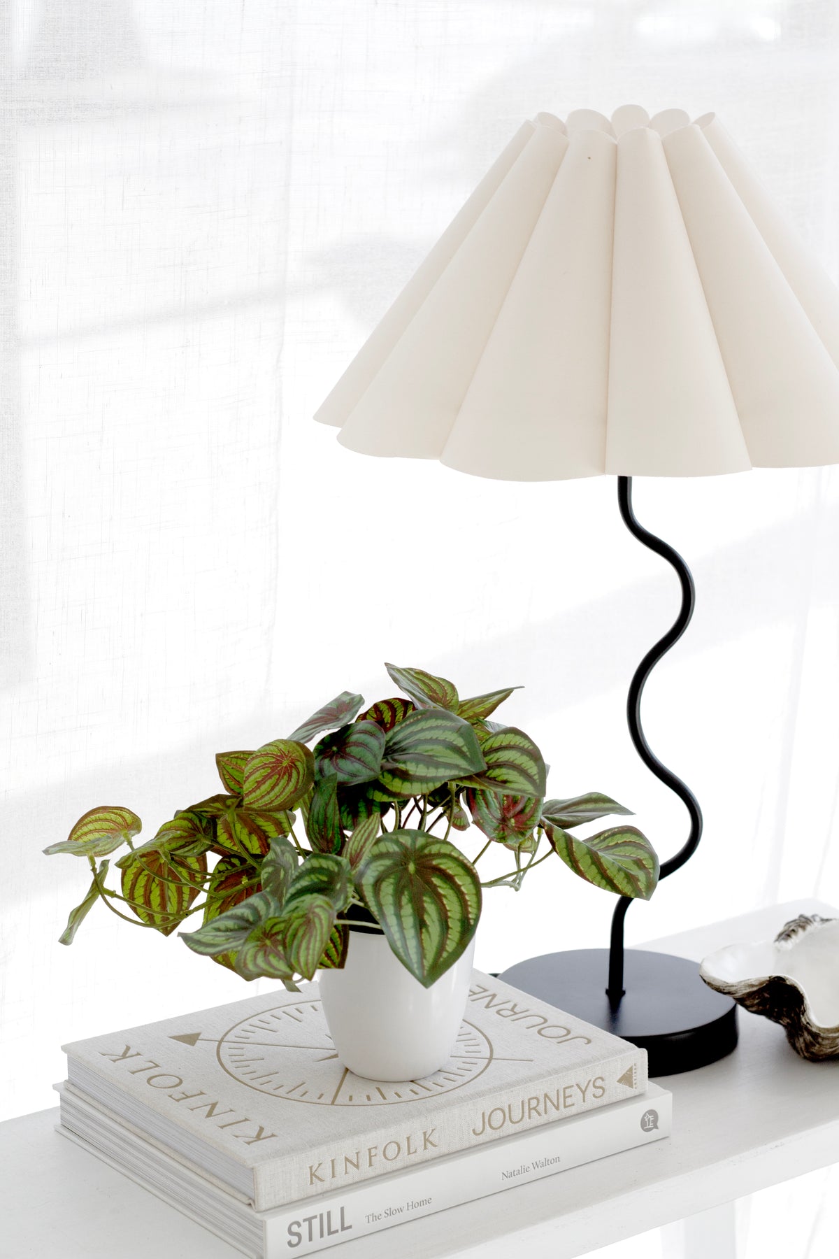 Faux peperomia on a stack of books beside a wavy black lamp with a pleated white shade