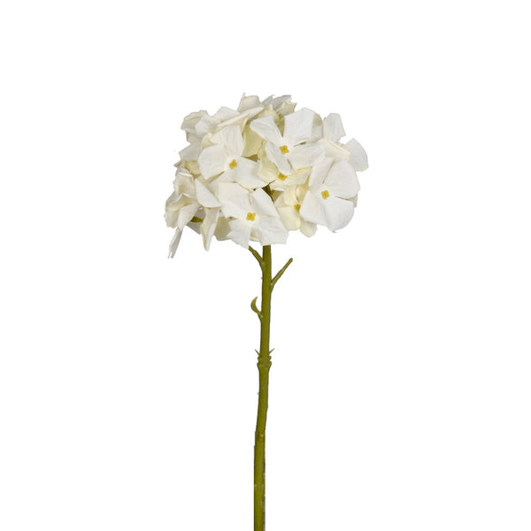 An Artificial Flora Petite Hydrangea - Various Options on a stem against a white background, surrounded by greenery.
