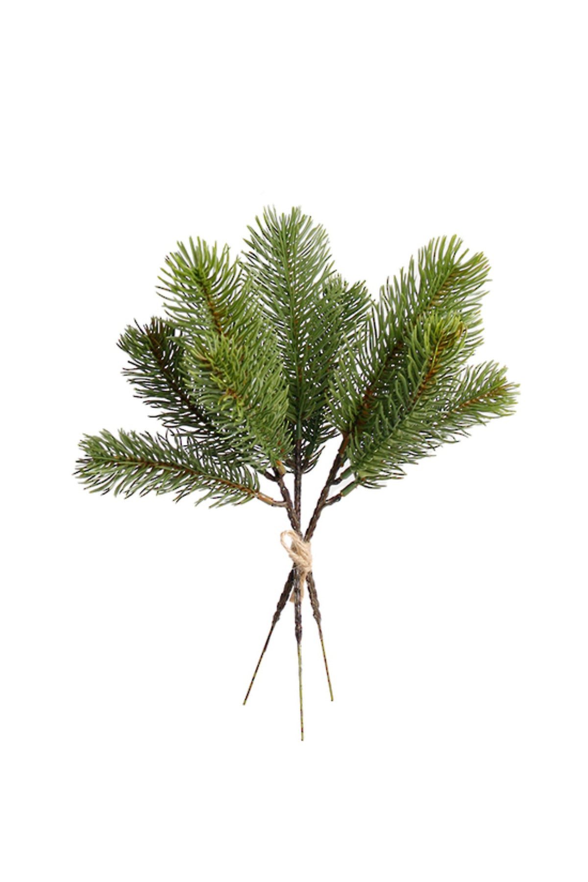 Bundle of three short artificial pine sprigs with long green needles, 30cm