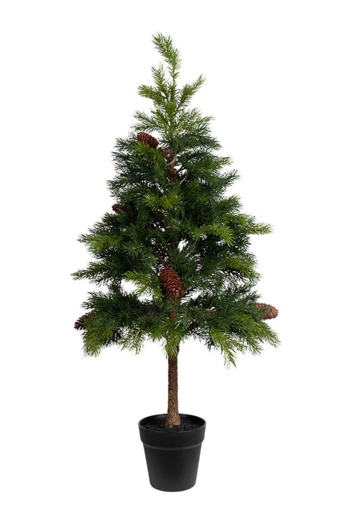 90cm artificial pine Christmas tree with LED lights and pine cones in a black pot