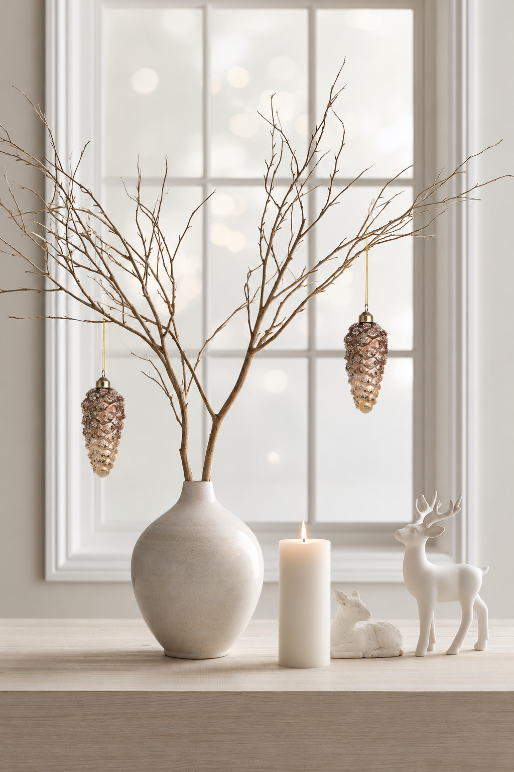 Two brown glass pinecone baubles hanging from bare branches in a white vase beside a candle and white deer