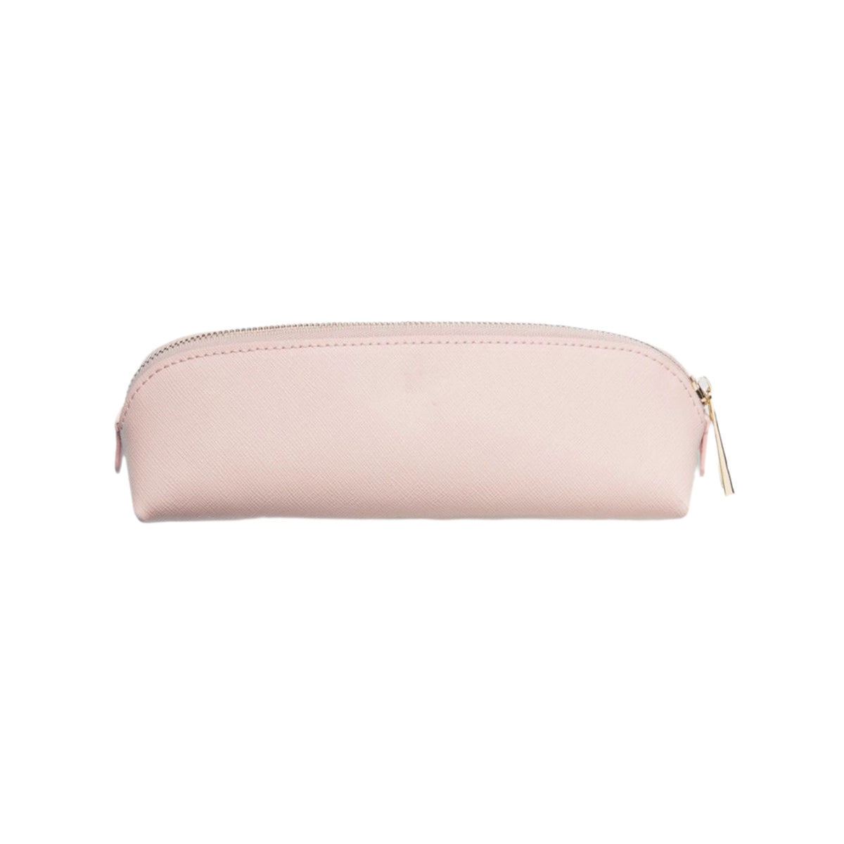Pink saffiano leather pencil case with gold zip, side view on white