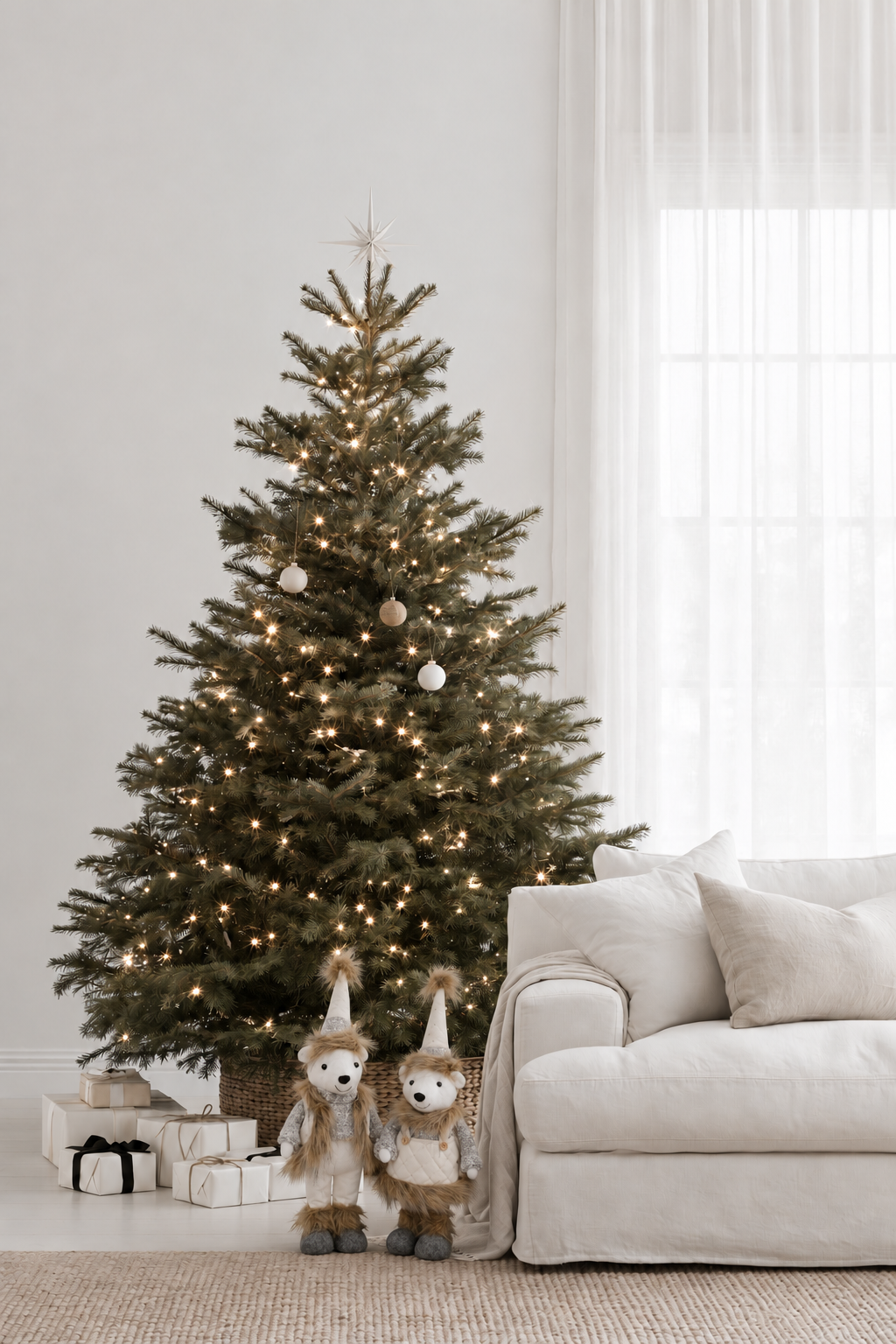 Pippa and Pascal standing polar bears beside a lit Christmas tree and wrapped gifts in a white living room
