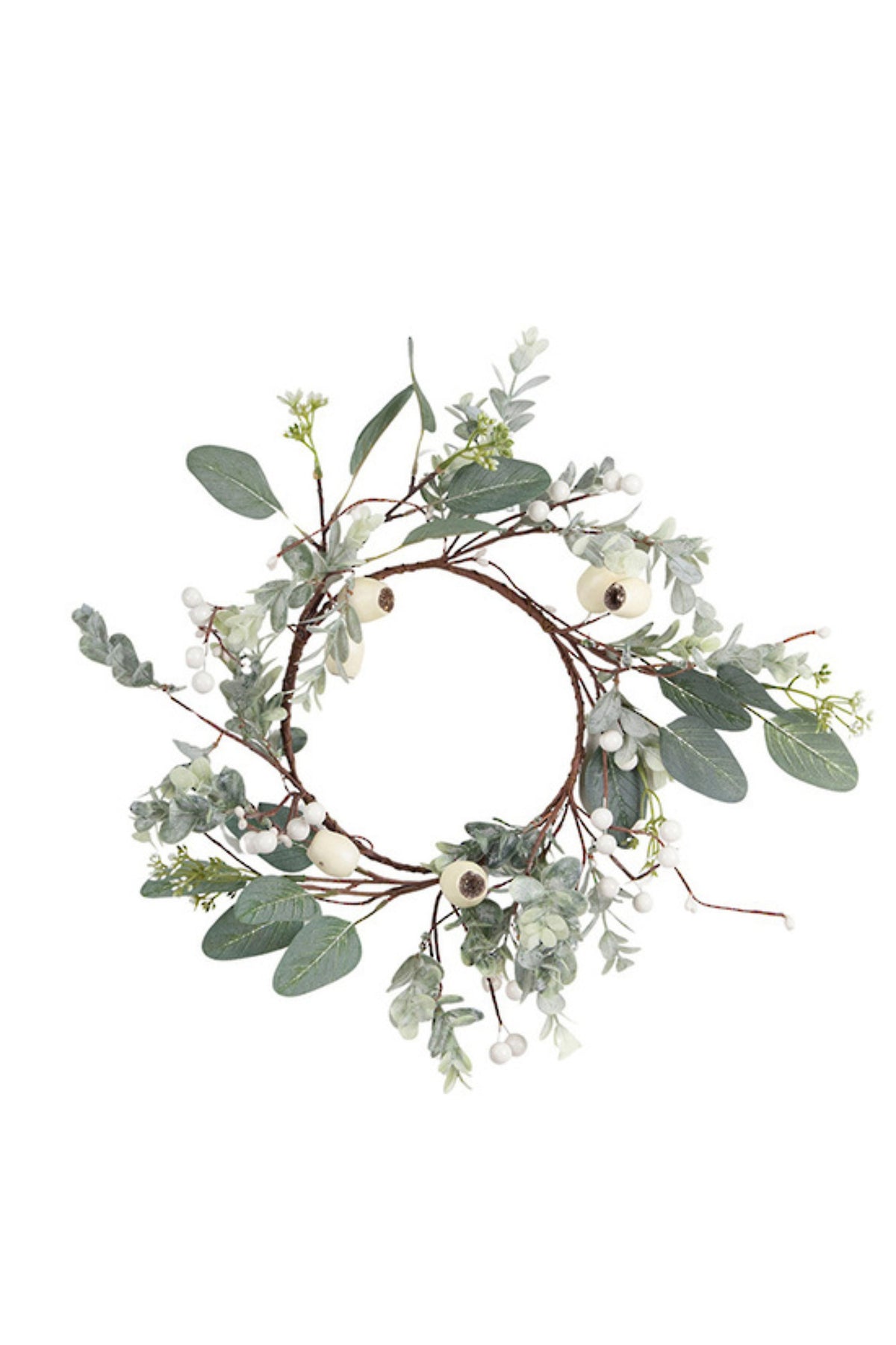 Small artificial podberry wreath with soft green leaves and cream berry pods, 35cm
