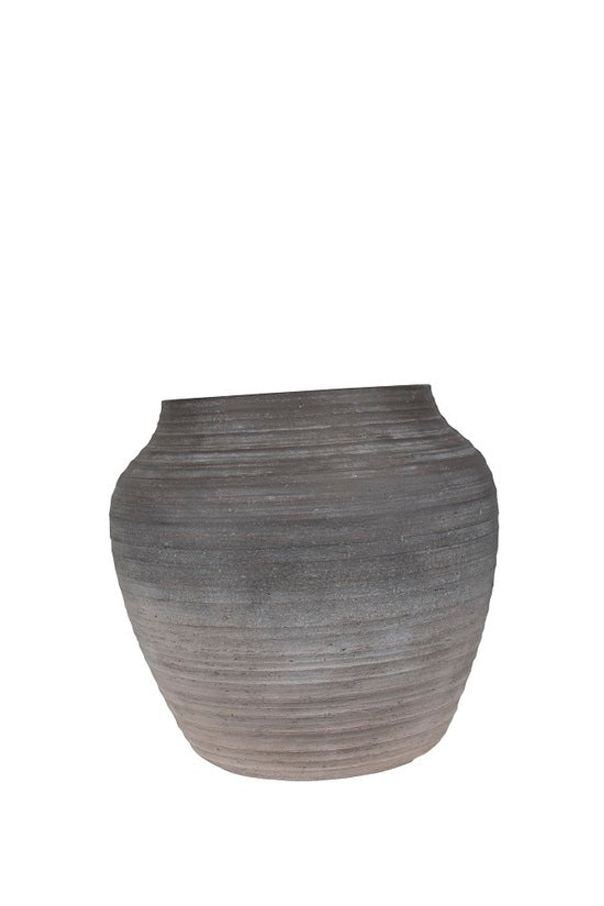 Portico Outdoor Pot, small, wide squat ribbed planter in charcoal to grey ombre