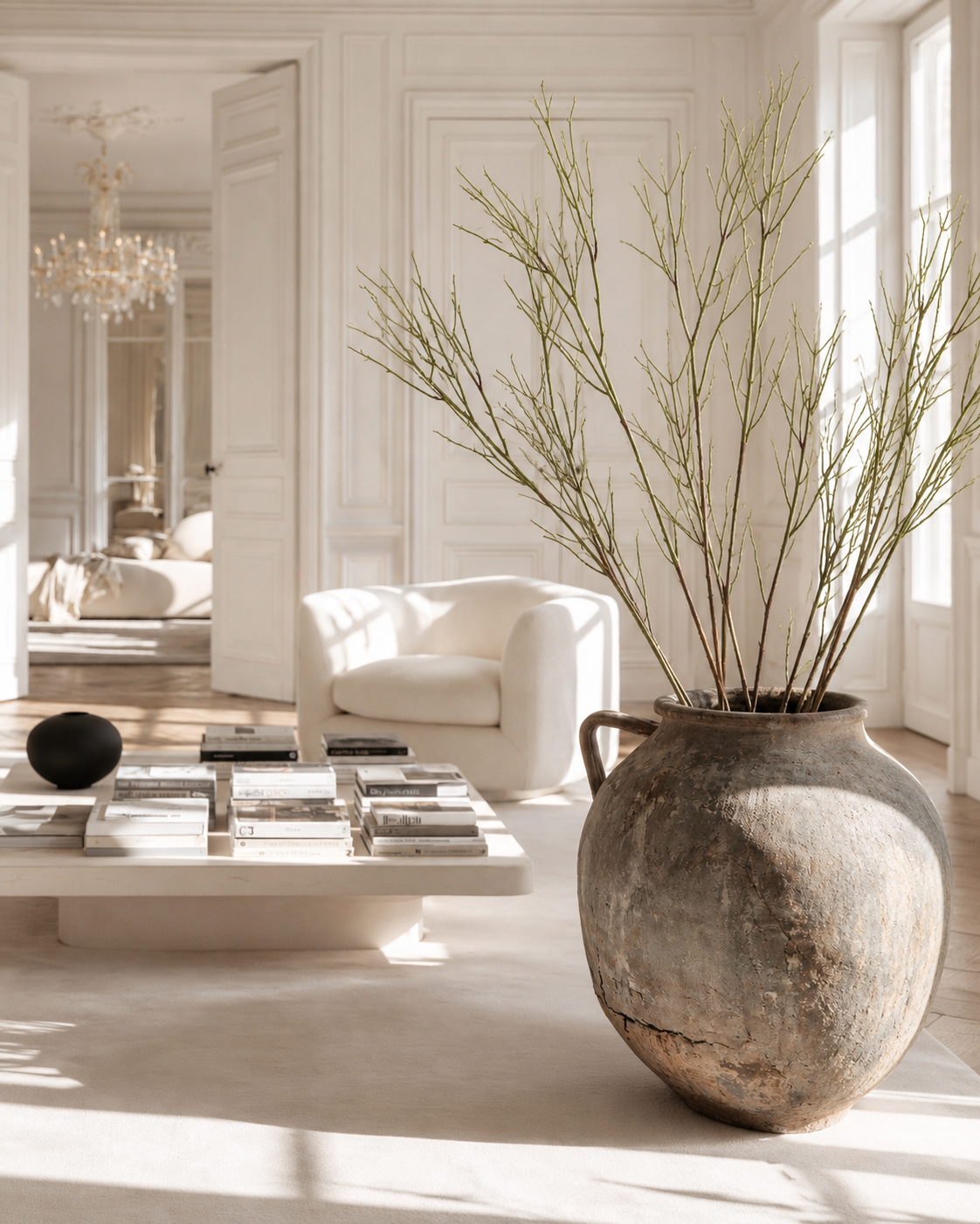 Tall faux saltmarsh stems in a large aged clay urn in a bright Parisian style living room