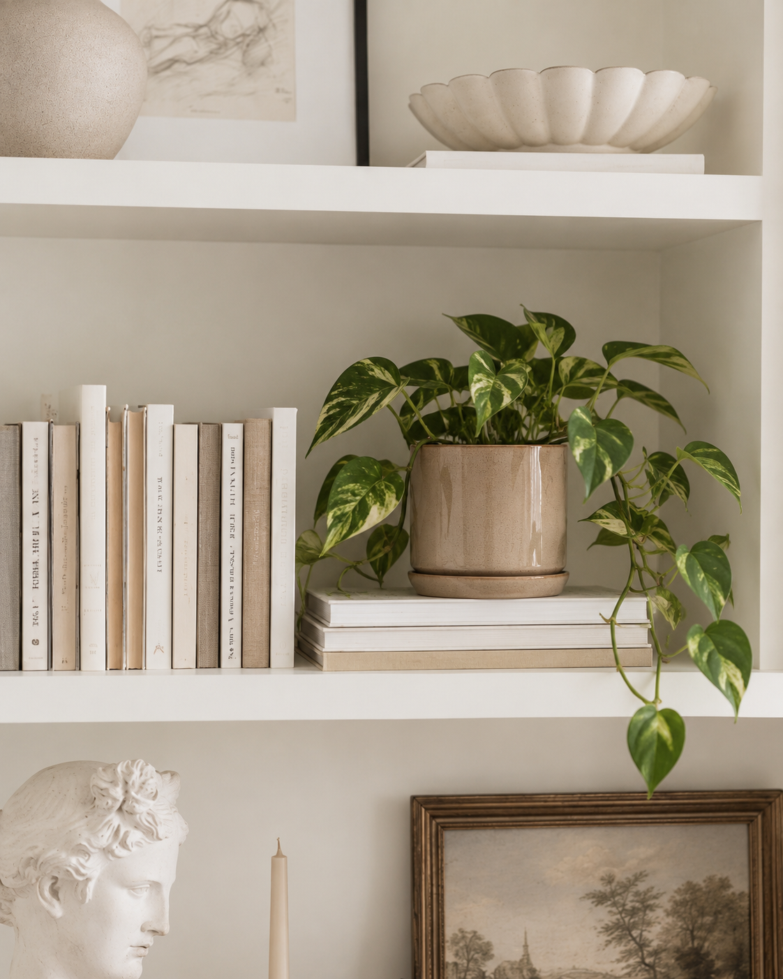 Oslo stoneware planter with saucer holding a trailing pothos on books in a white built-in bookcase