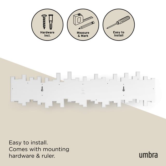Umbra Sticks 8 hook rack in white, supplied with mounting hardware and a paper ruler