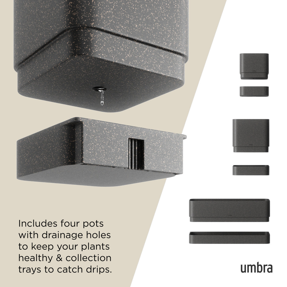 Umbra Cubiko wall planter pots shown with drainage holes and drip collection trays