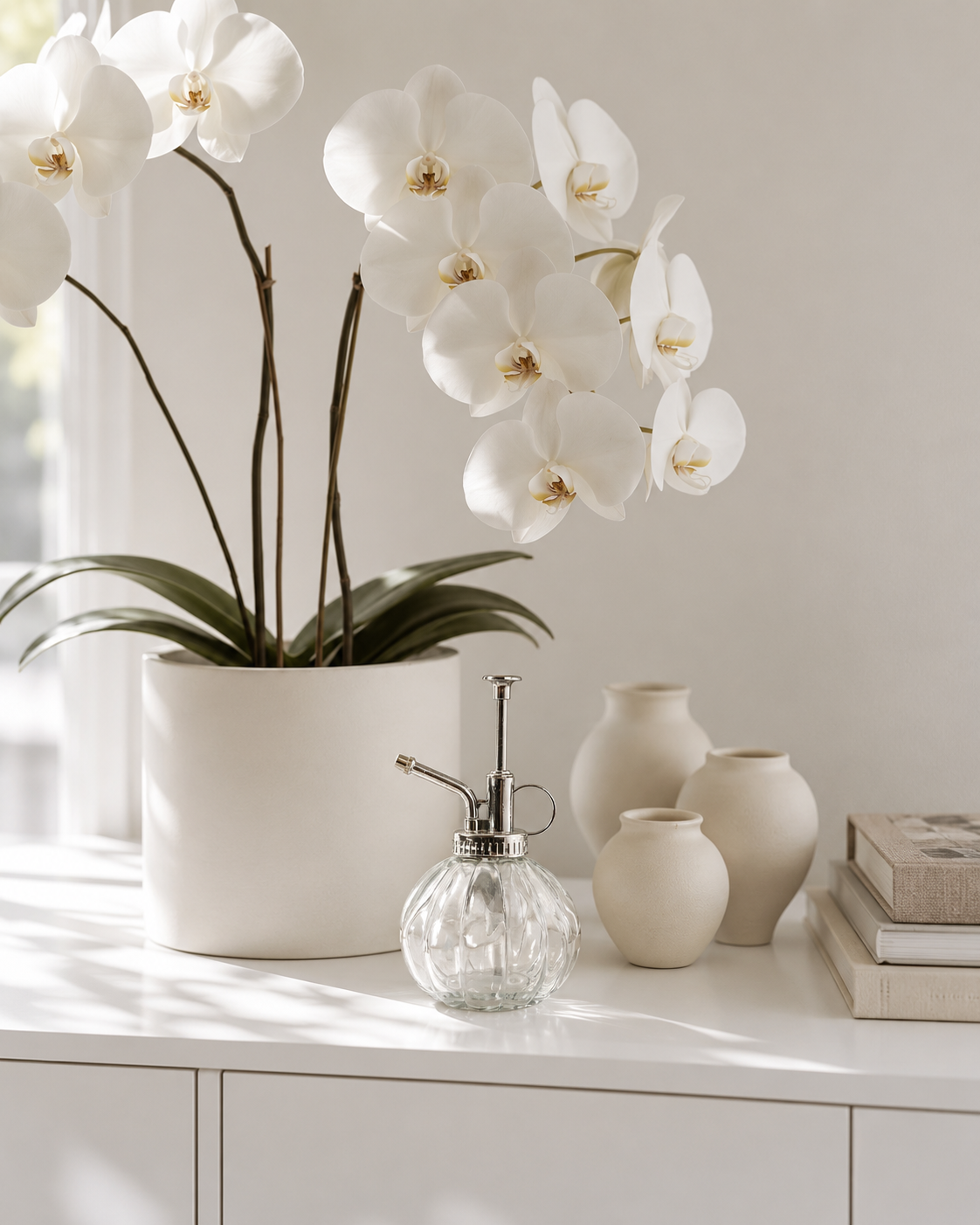 Glass plant mister with a silver pump beside a white potted orchid and ceramic vases on a white sideboard