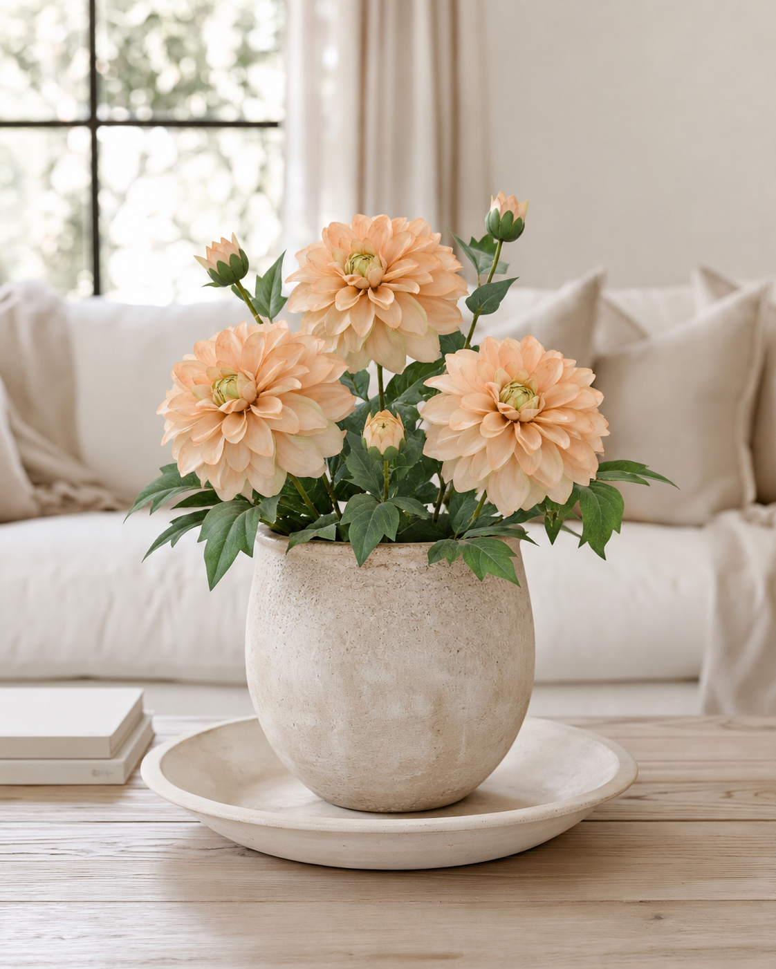 Heritage Dahlia stems in apricot glow in a textured stone pot on a timber coffee table in front of a linen sofa