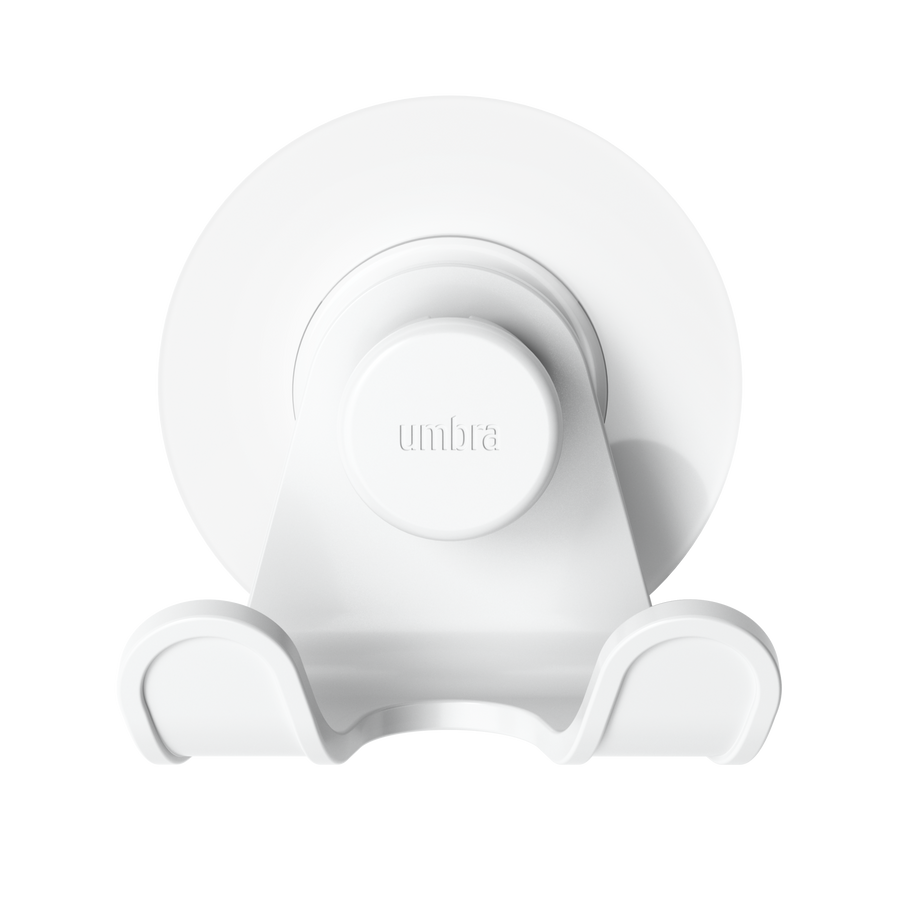 Umbra Flex adhesive double hook in white, front view of both hooks on the disc