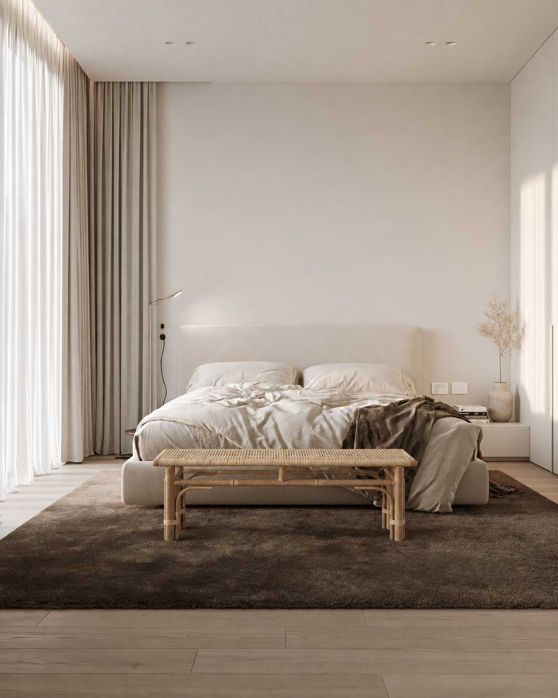 Rattan Bench Seat in natural at the foot of a linen bed on a brown shag rug in a calm bedroom
