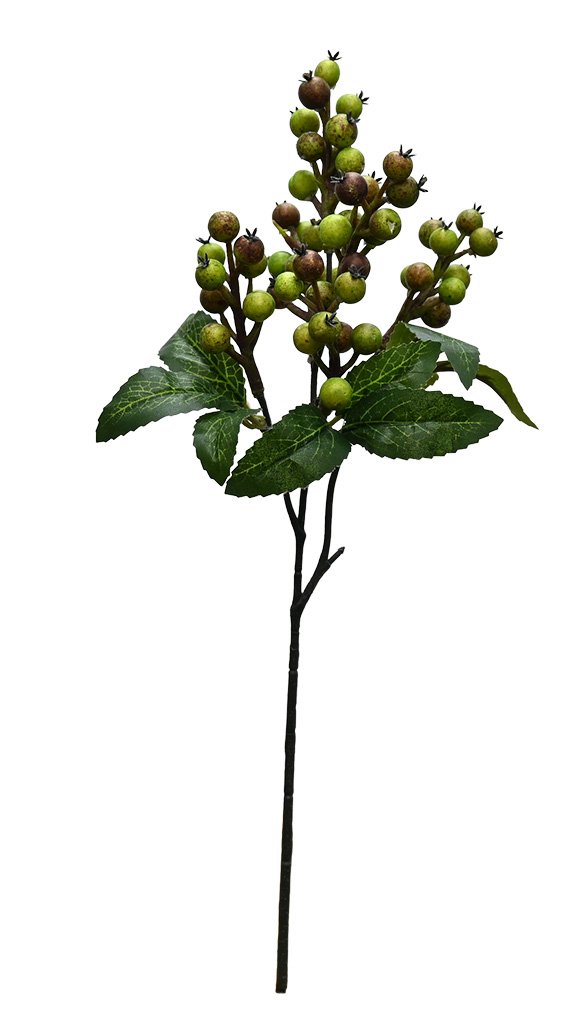 Rattan Berry faux stem in spiced green, 39cm, with clusters of speckled green and russet berries above serrated leaves.