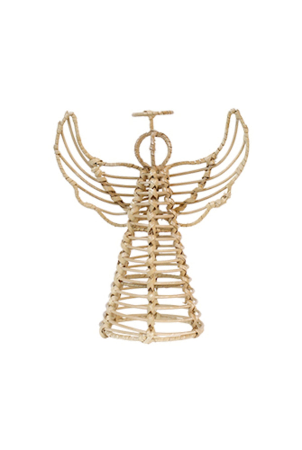 Natural rattan wire-frame Christmas angel with outstretched wings and a halo, small (25cm W x 14cm D x 28cm H)