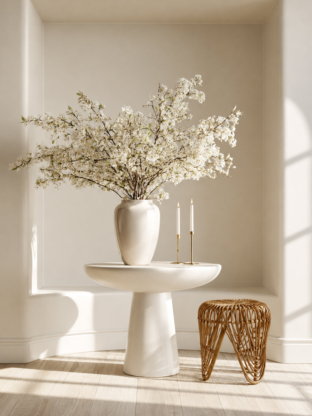 Rattan tulip stool beside a round white pedestal table holding a vase of blossom