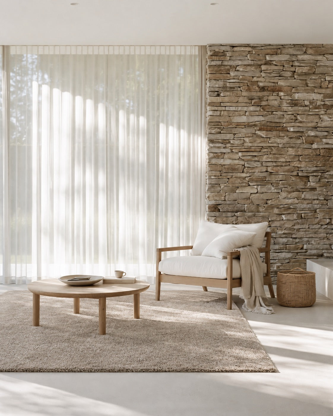 Remi Oatmeal Rug under a round timber coffee table beside a timber armchair in a lounge with a stone wall and sheer curtains