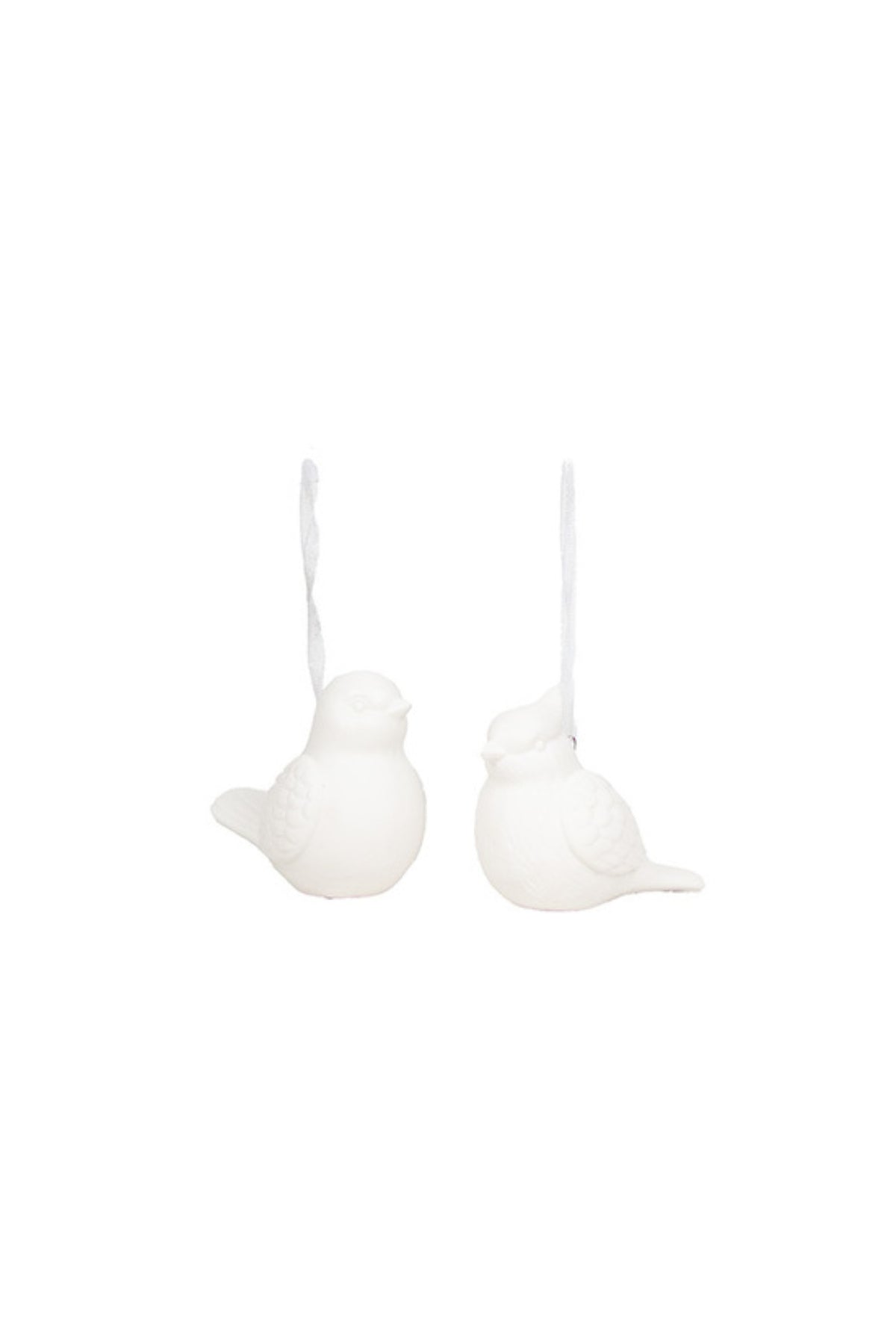 Two small white robin bird hanging Christmas decorations