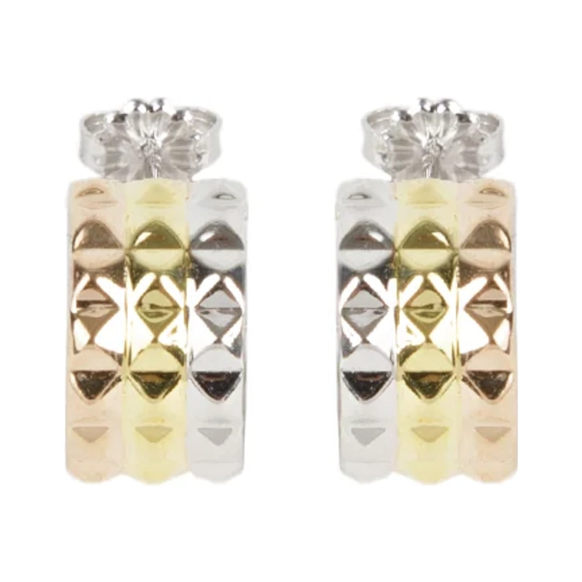 Rock Me Hoops in the Tri-Tone option, stacked bands of gold, rose gold and silver studs