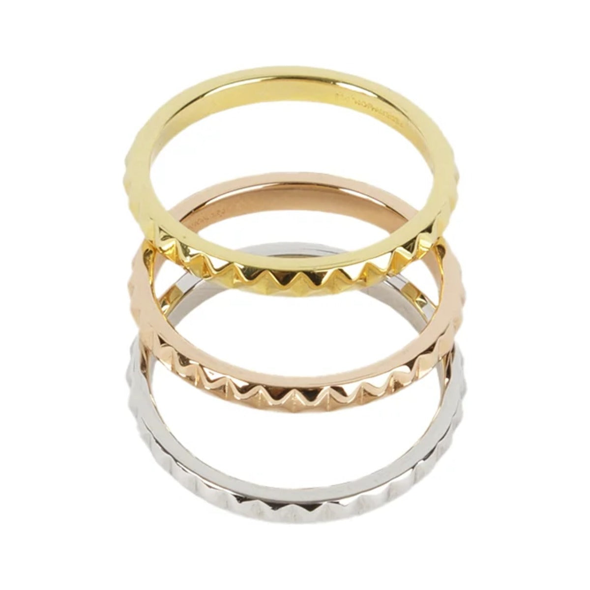 Rock Me Stacker Ring Set by Federation, gold, rose gold and silver studded rings stacked together