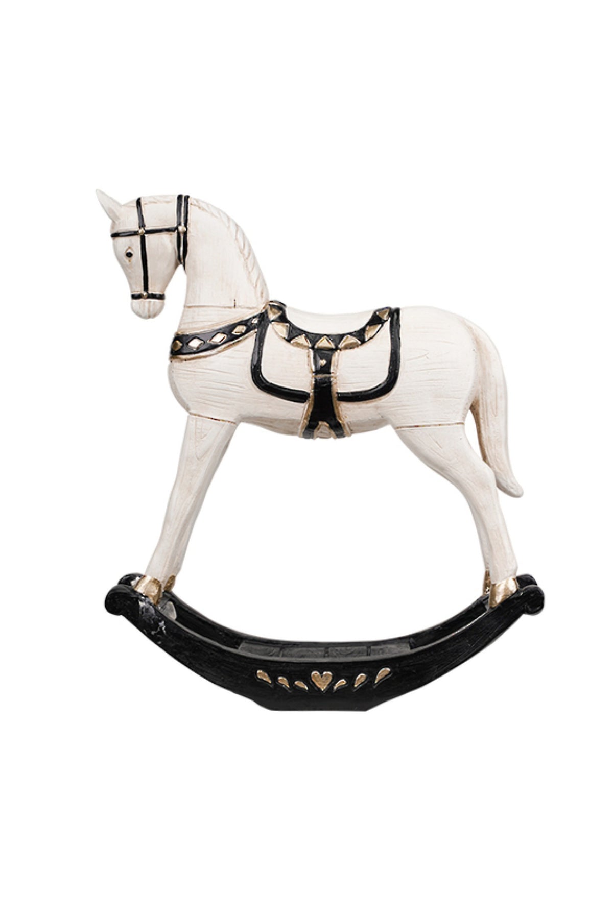 White Christmas rocking horse ornament with black rockers and a decorated saddle, 31cm
