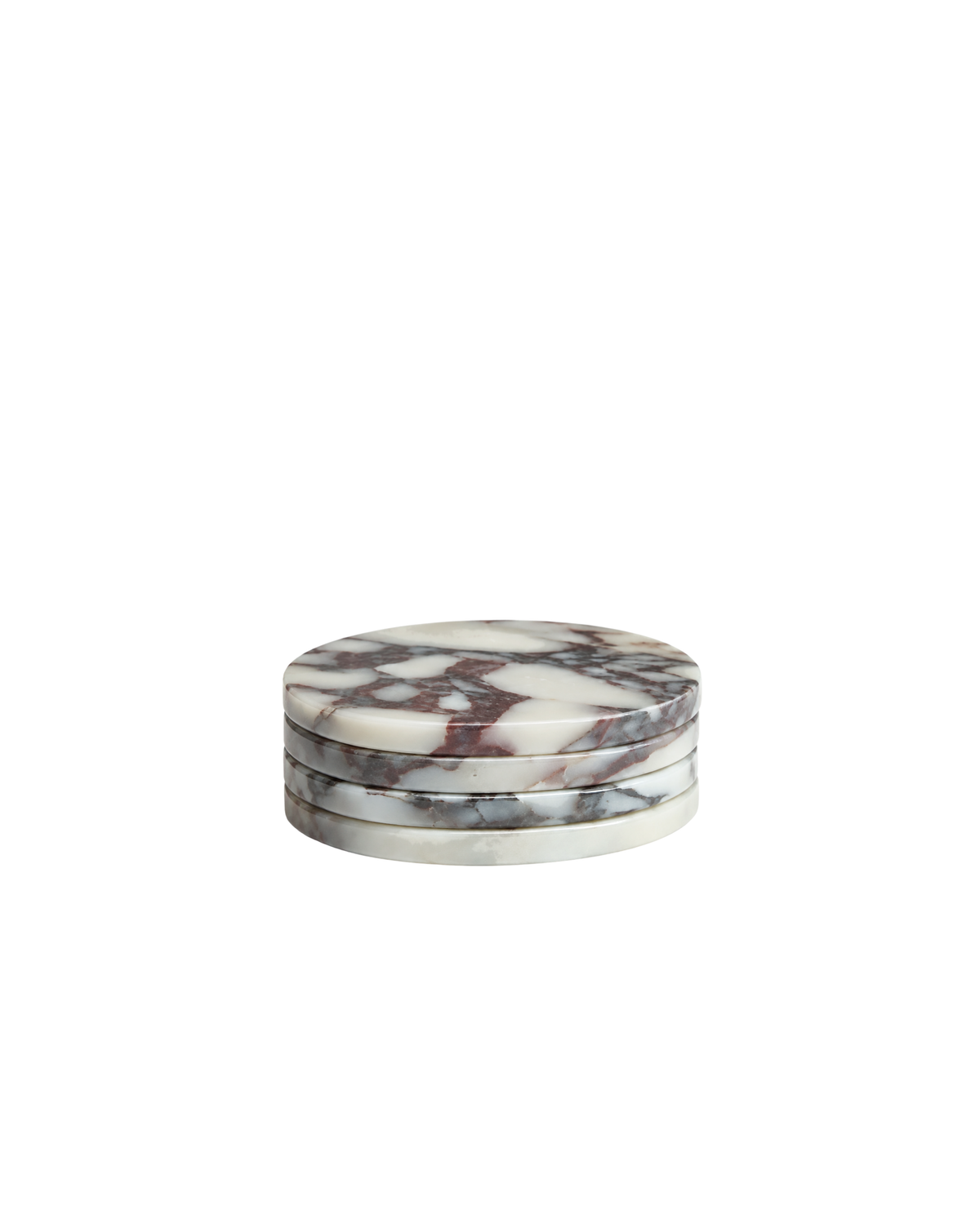 Round Stone Coasters by Ned Collections in Viola Marble, four stacked white marble coasters with burgundy veins