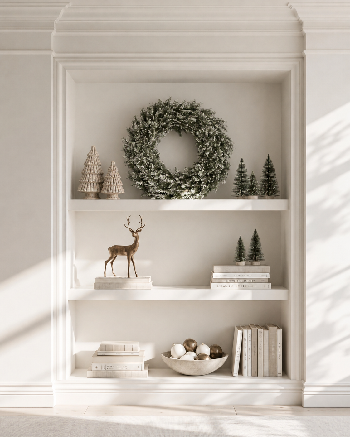 Pair of rustic stone-look tree sculptures on a white Christmas shelf beside a green wreath
