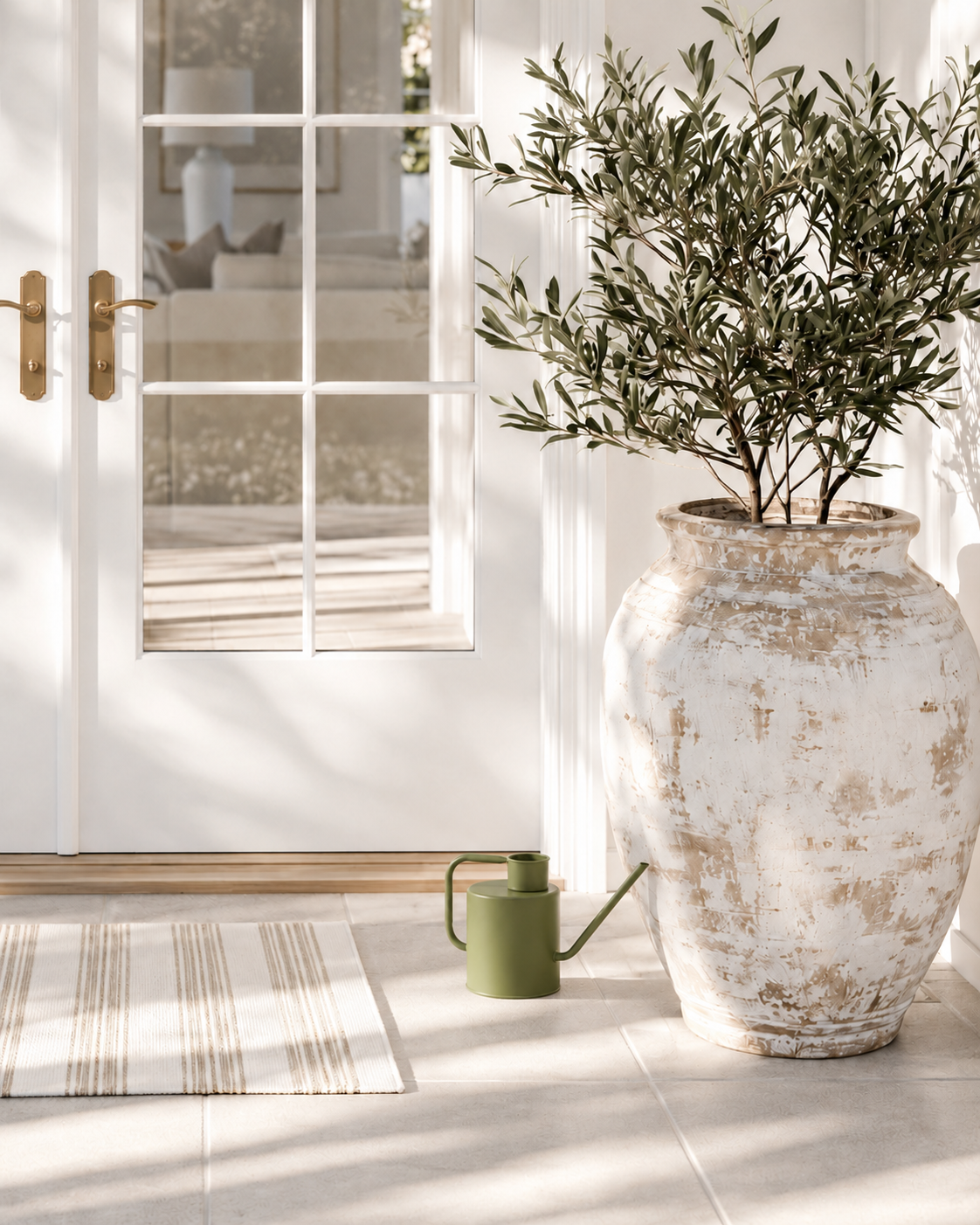 Merlino watering can in avocado on a tiled entry floor beside a large whitewashed urn with an olive tree