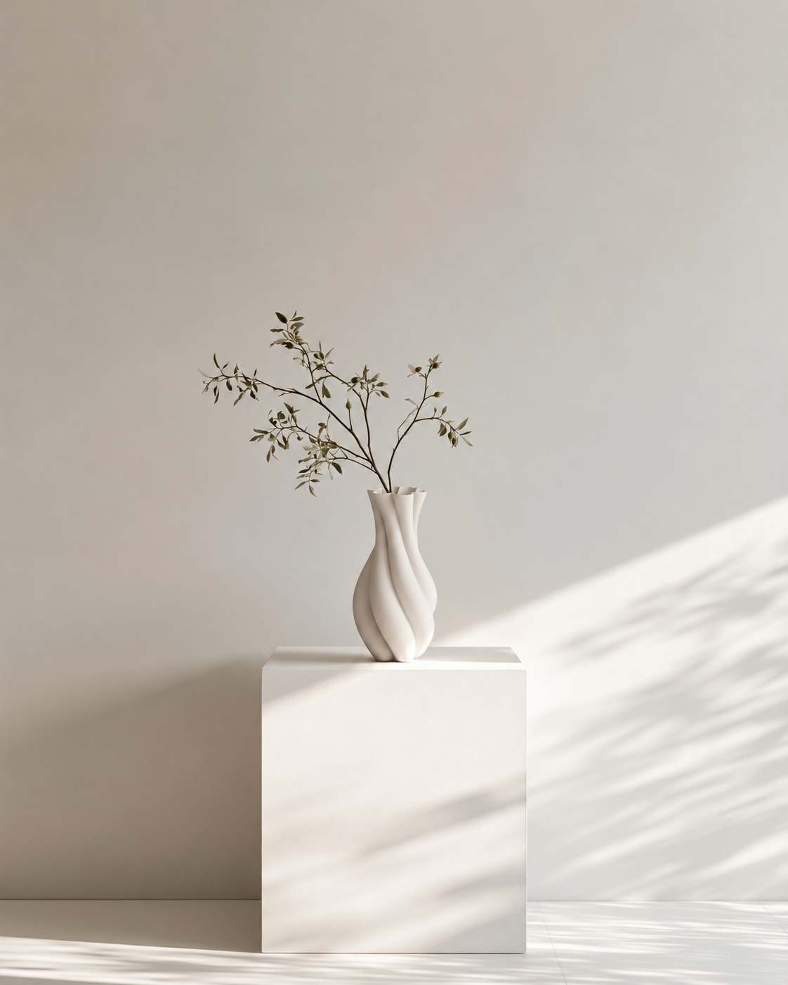 Sabine 3D Ceramic Vase in white with olive branches on a white plinth in soft afternoon light