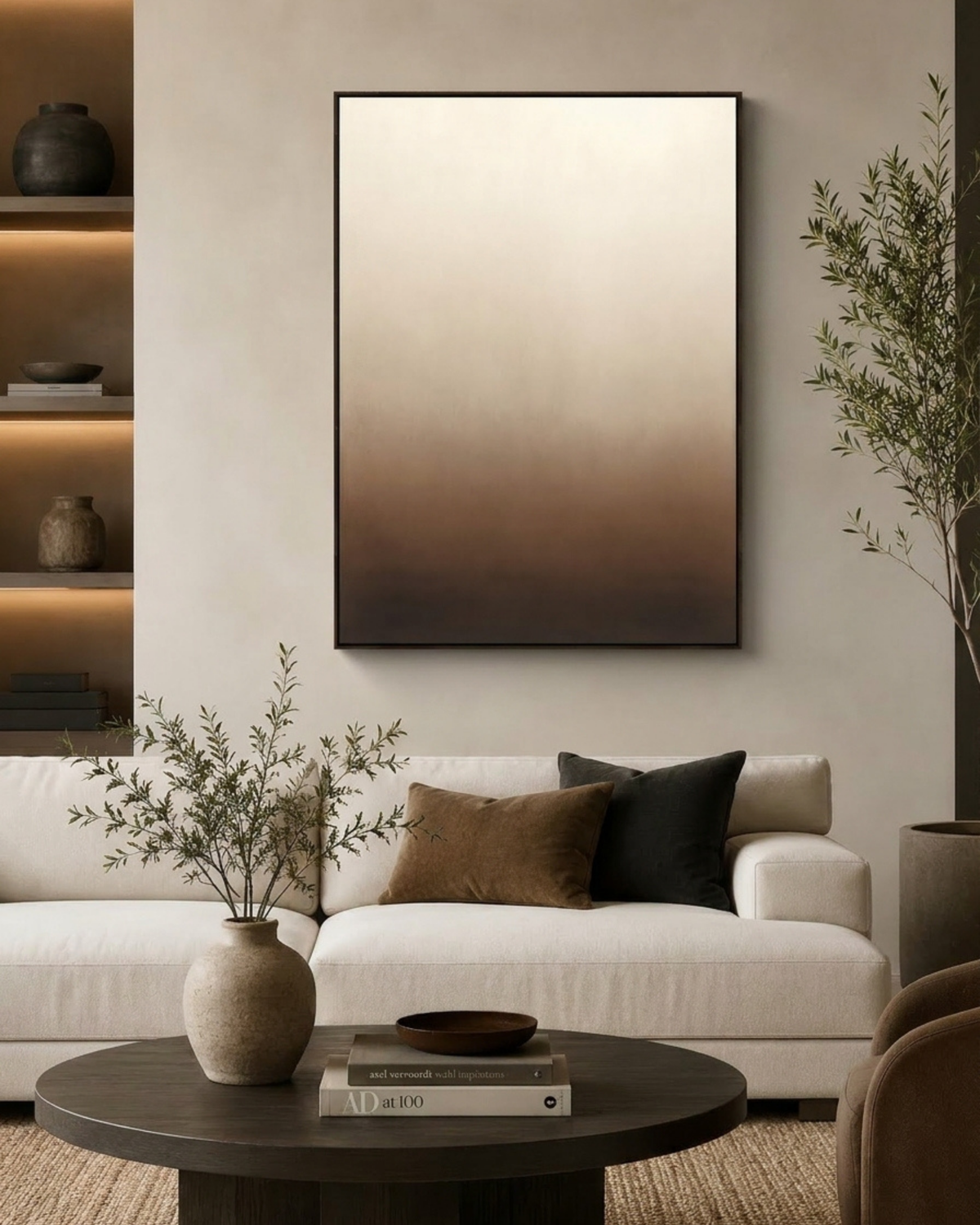 San Viento Portrait Print above a white sofa with brown and charcoal cushions, a round dark coffee table and olive tree