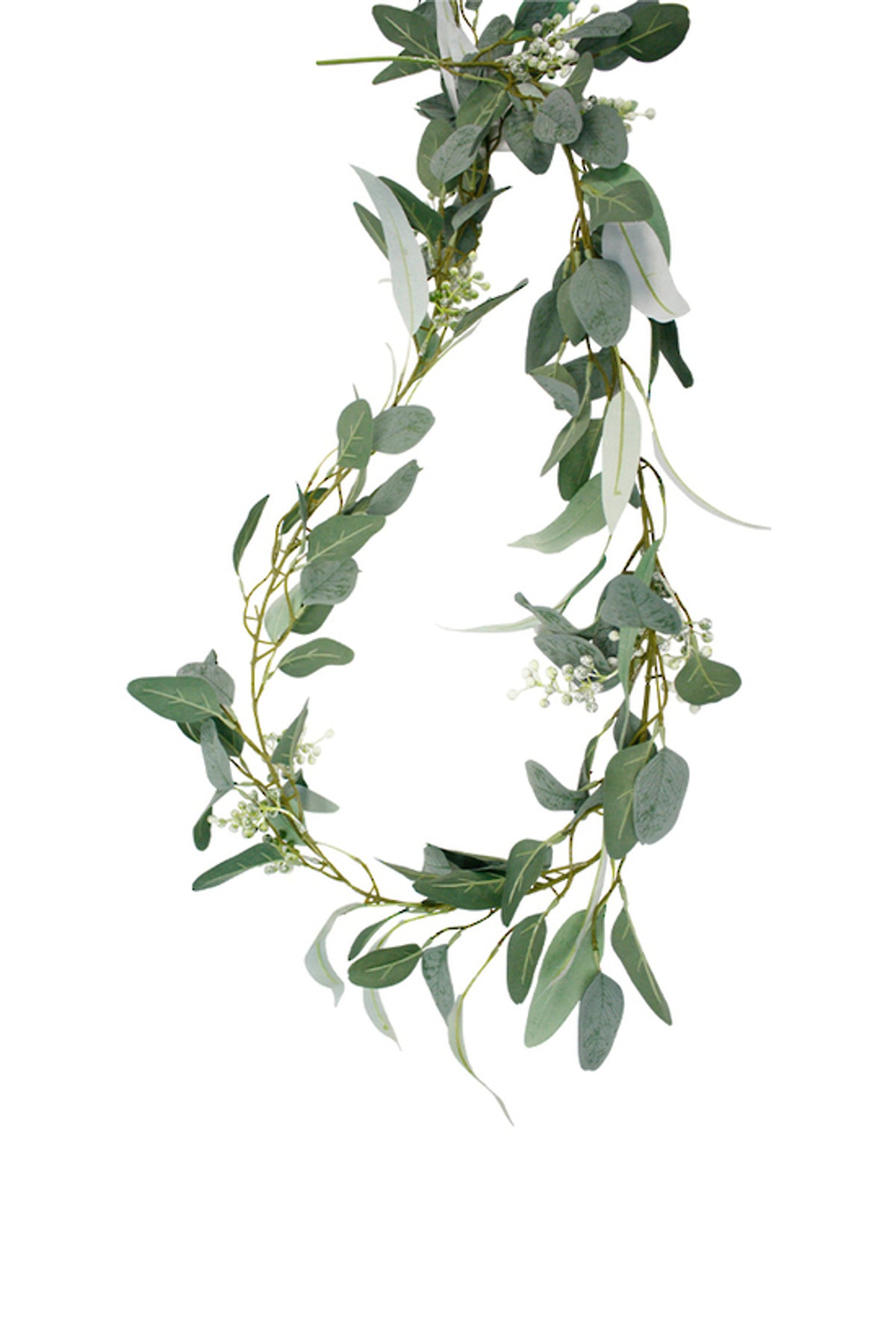 Seeded Eucalyptus Garland, draped strand of grey-green leaves with seed clusters, on white