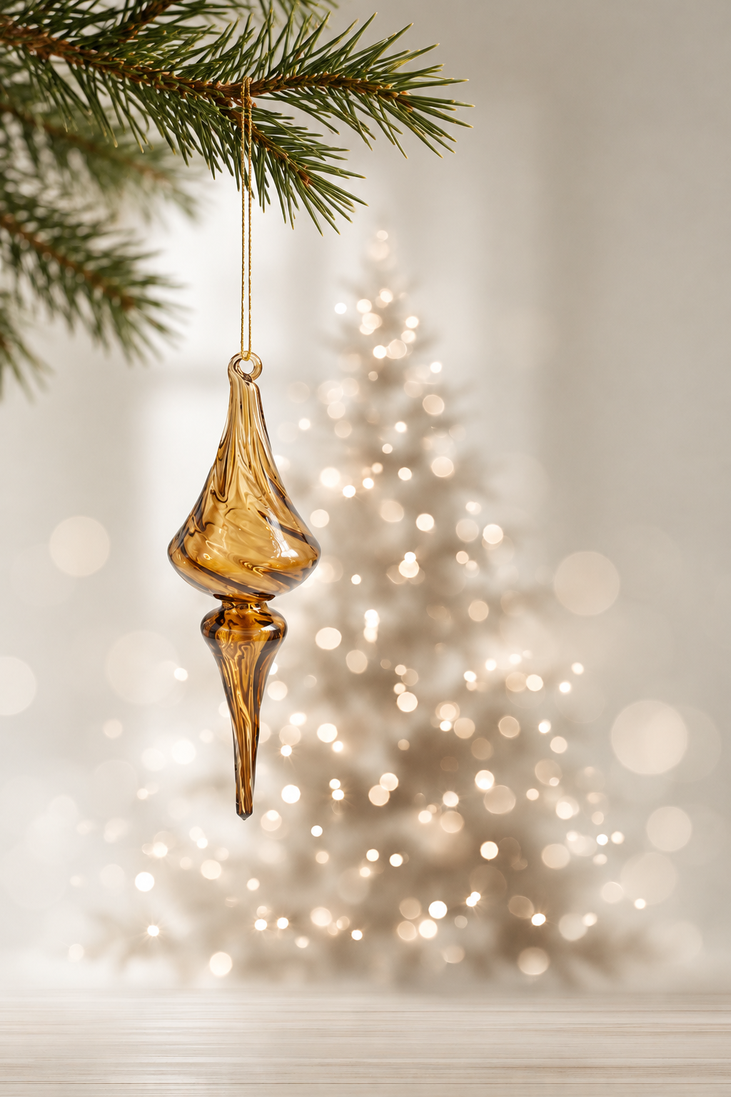 Seraphine glass finial in clear umber hanging from a pine branch in front of a softly glowing Christmas tree