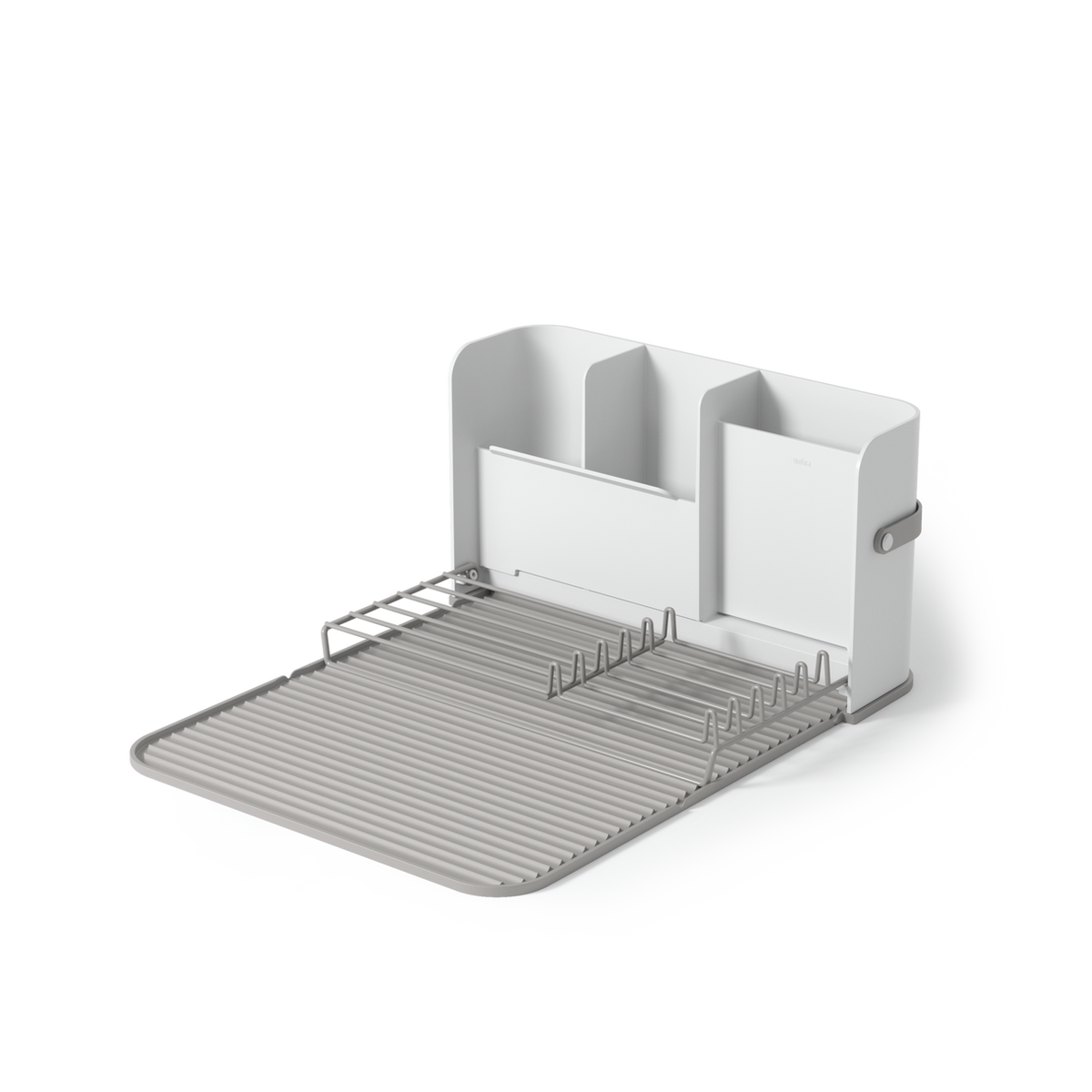 Umbra Sling dish rack unfolded at an angle, wire rack extended over the mat
