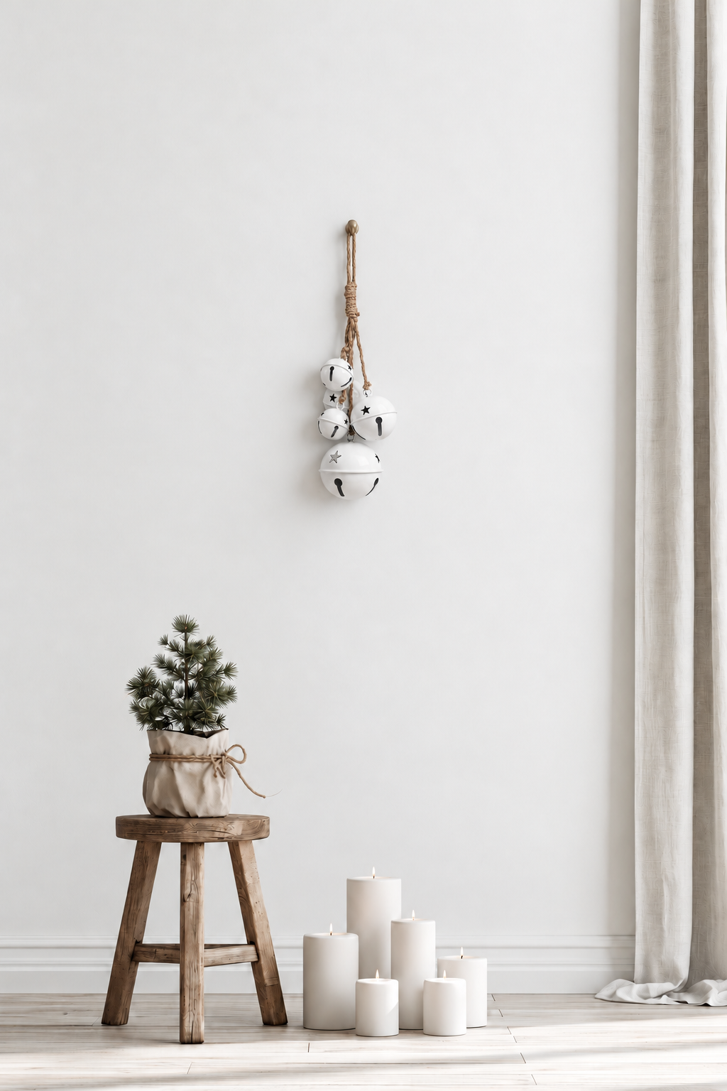 White Enamel Sleigh Bells Hanging Cluster on jute rope from a wall hook above a timber stool and pillar candles