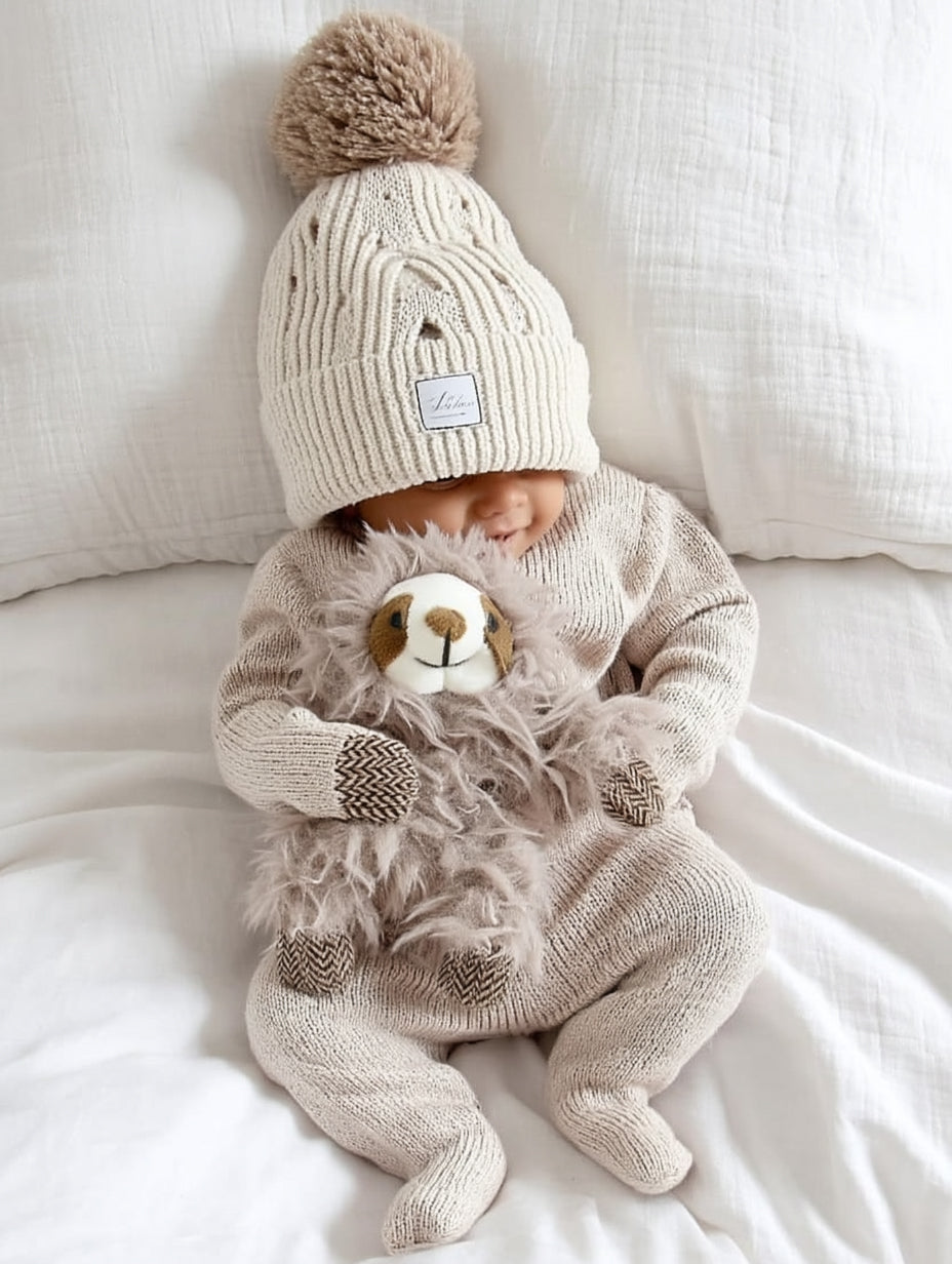 Baby dressed in soft neutral knitwear lying on a white bed, wearing a cream pom-pom beanie and cuddling a fuzzy sloth rattle with herringbone-knit paws and a sweet face.