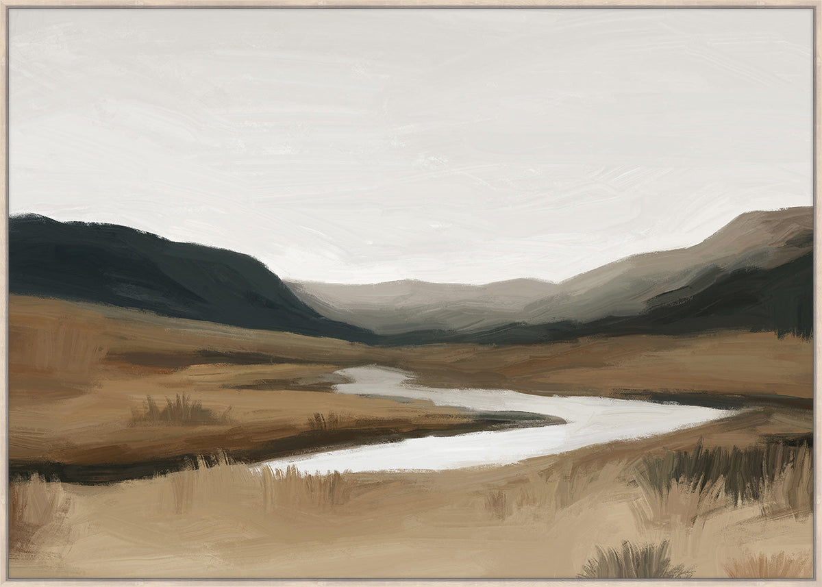 Full canvas view of a silver river curving through golden tussock below charcoal hills and a pale sky